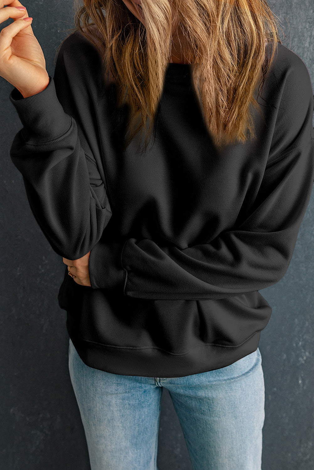 Solid Drop Shoulder Crewneck Pullover Sweatshirt