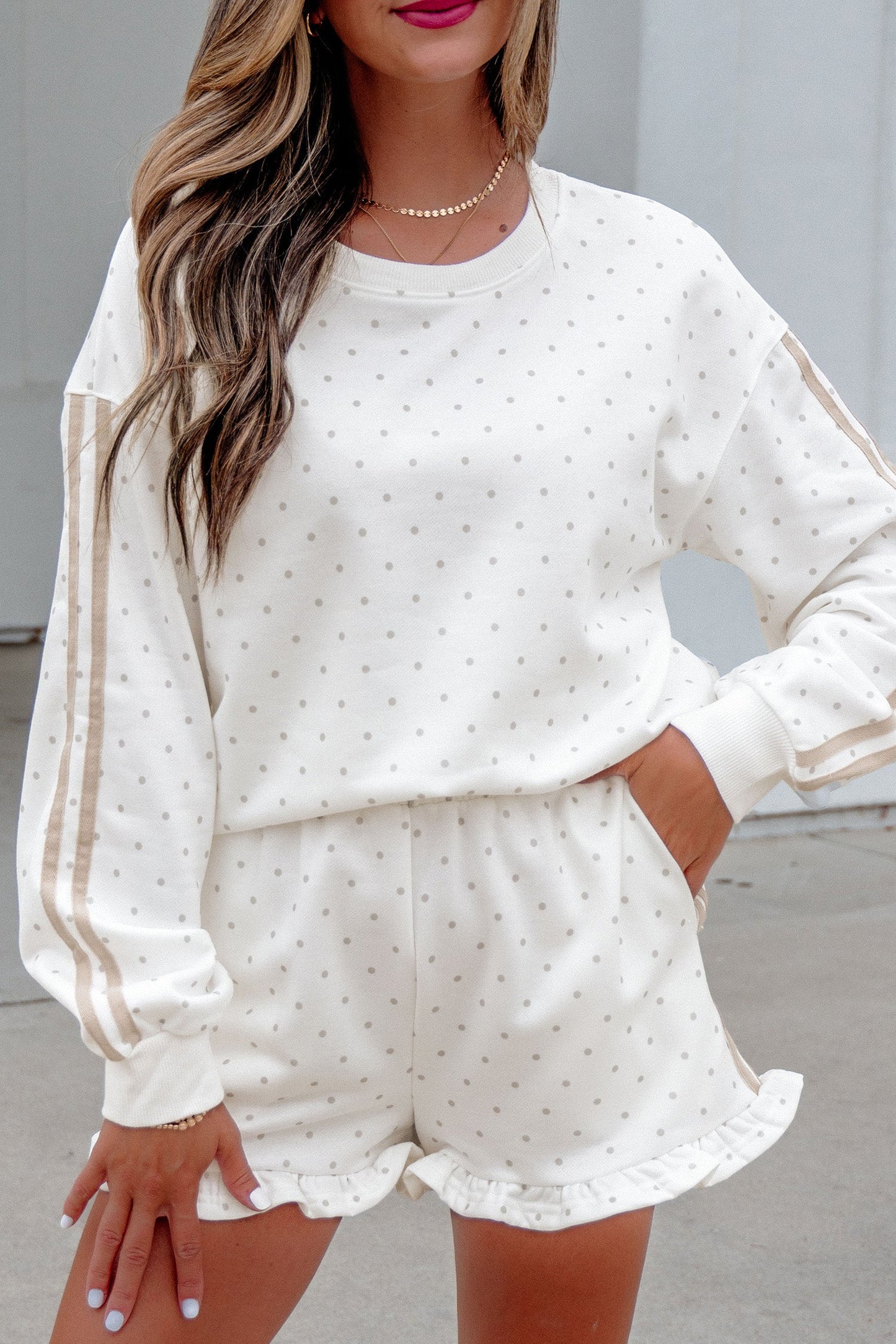 Polka Dot Side Stripe Detail Sweatshirt & Shorts Set
