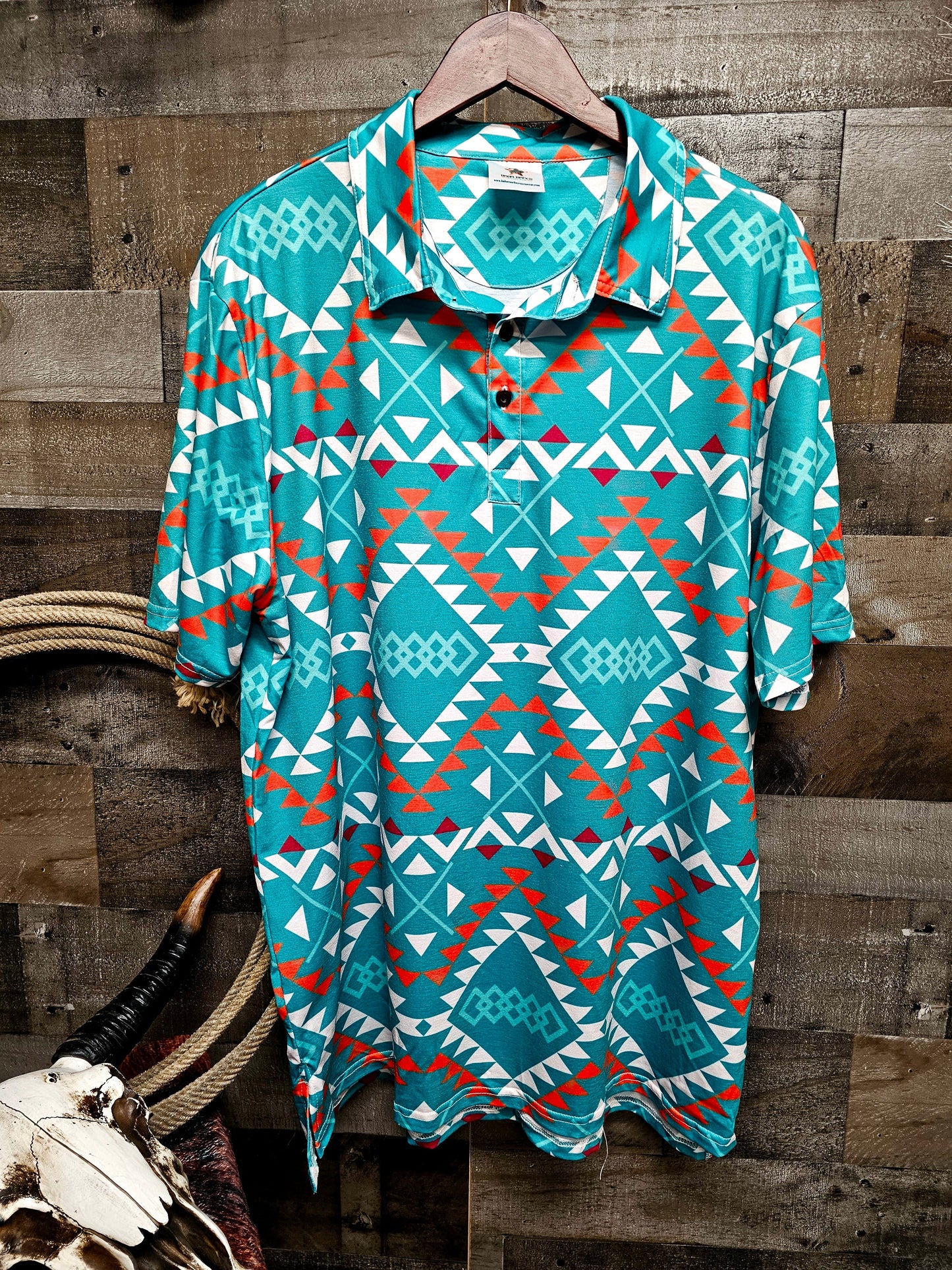 Baha Ranch Teal Aztec Polo Style Short Sleeve Shirt