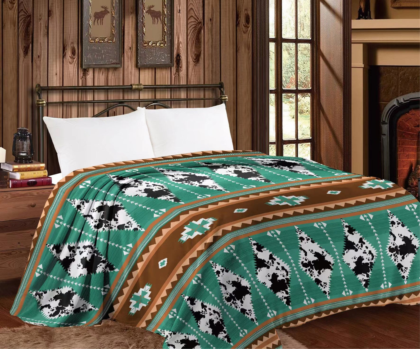 Thin Throw Blanket - Green & Cowprint