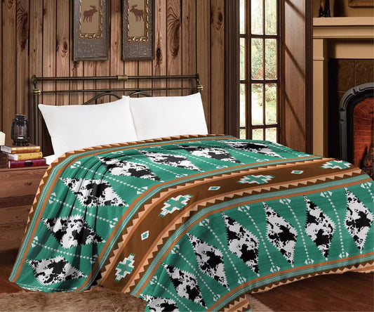 Thin Throw Blanket - Green & Cowprint