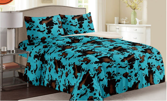 Turquoise Cowprint Inspired 3pc Sherpa Blanket