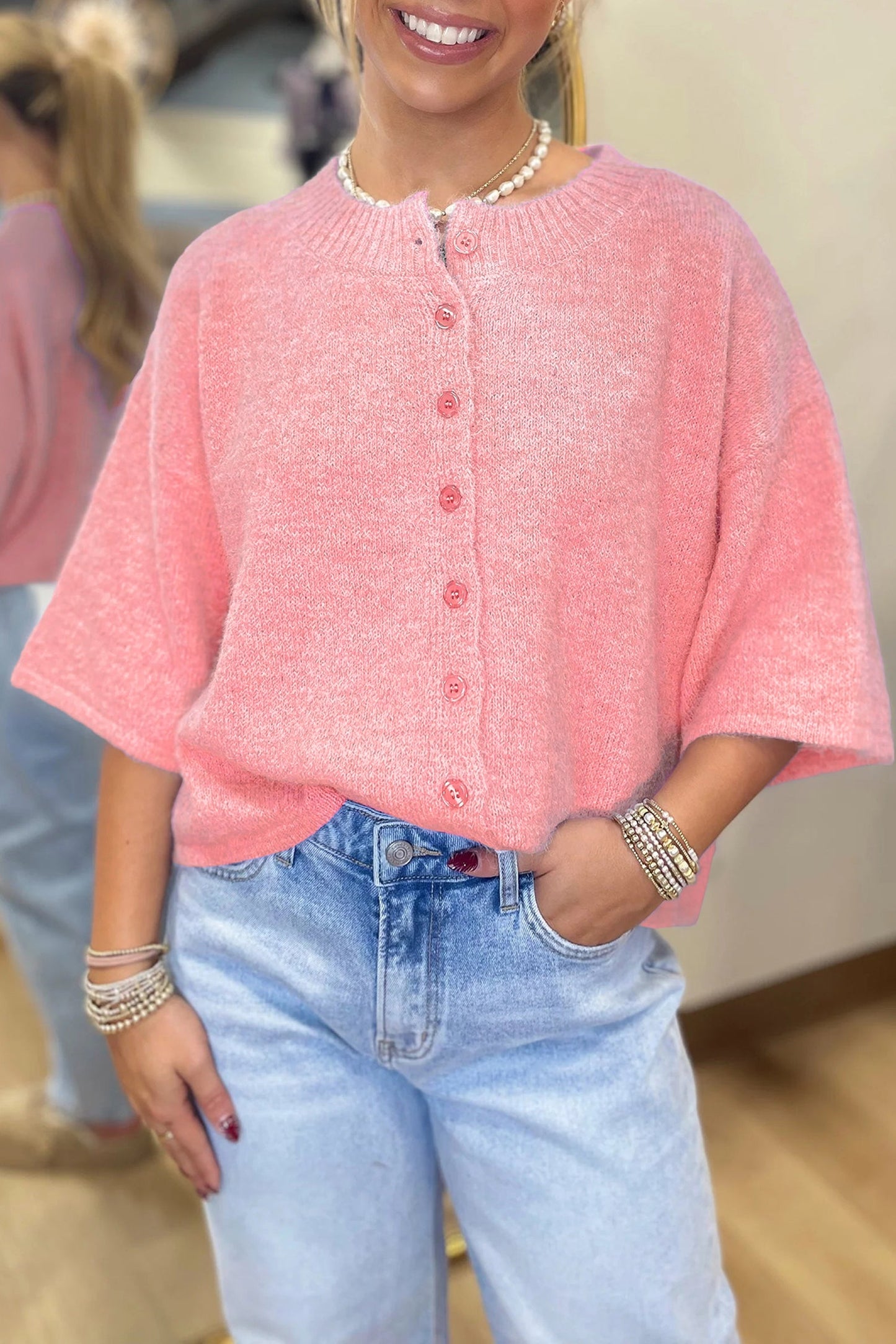 Solid 3/4 Sleeve Boxy Button-Down Cardigan