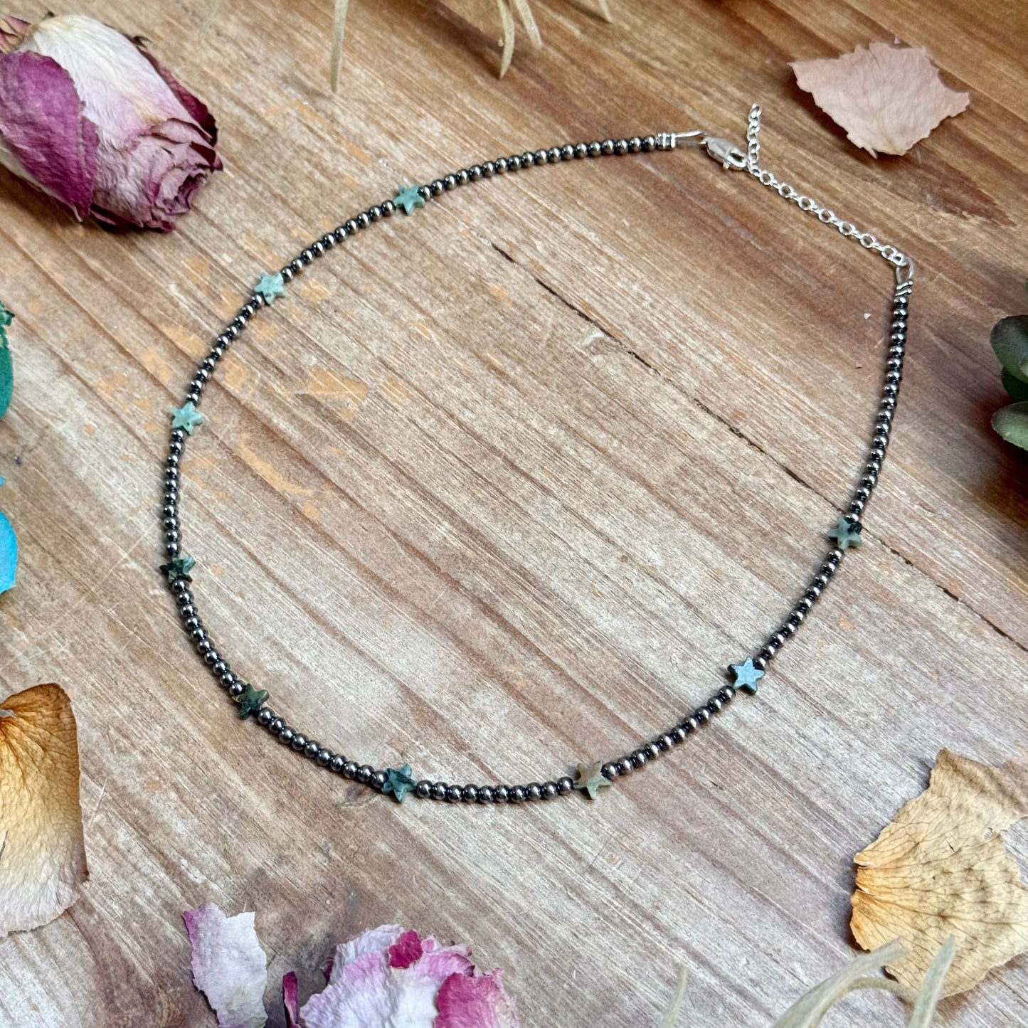 15” African Turquoise Star Necklace – Sterling Silver Pearls