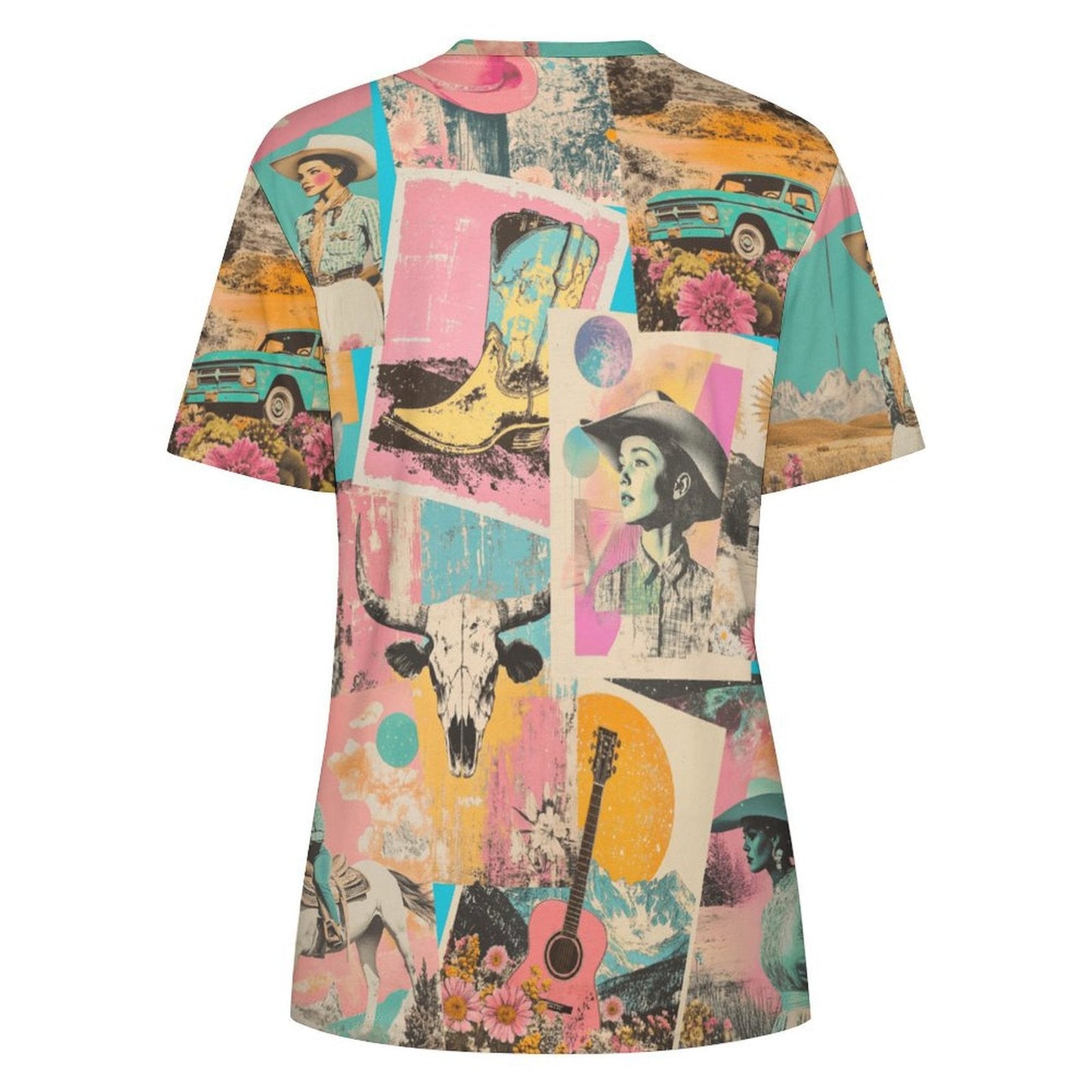 Baha Ranch Retro Pop Western Collage Cotton T Shirt