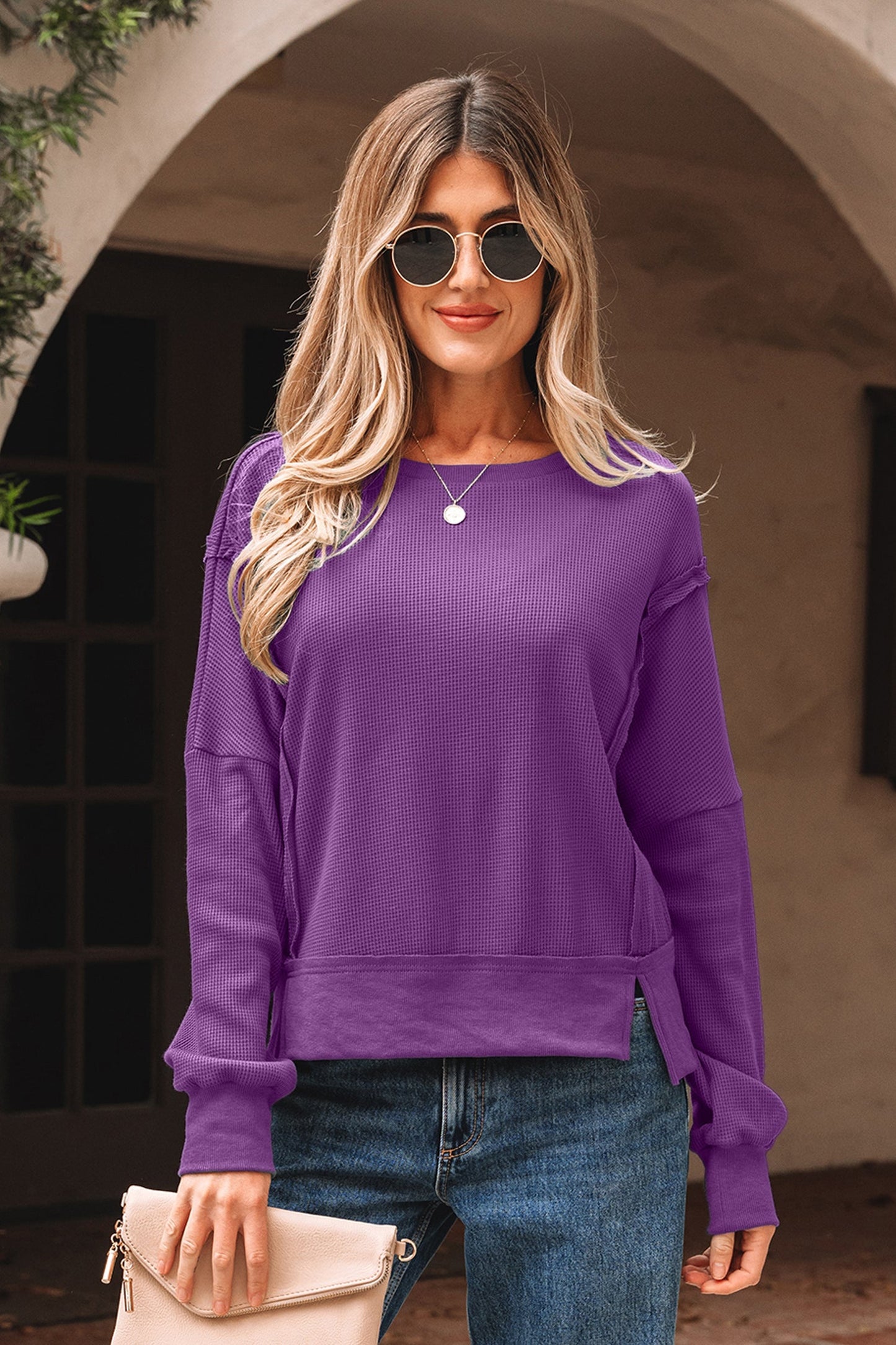 Solid Ribbed Raw Seam Patchwork Drop Shoulder Sweatshirt