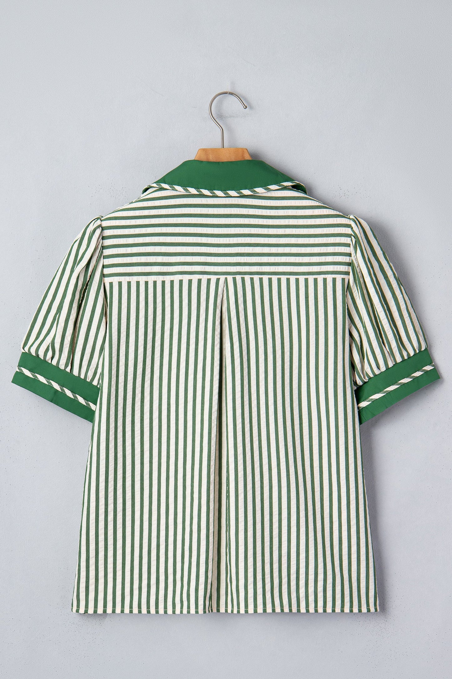 Stripe Collared V-Neck Bubble Sleeve Blouse
