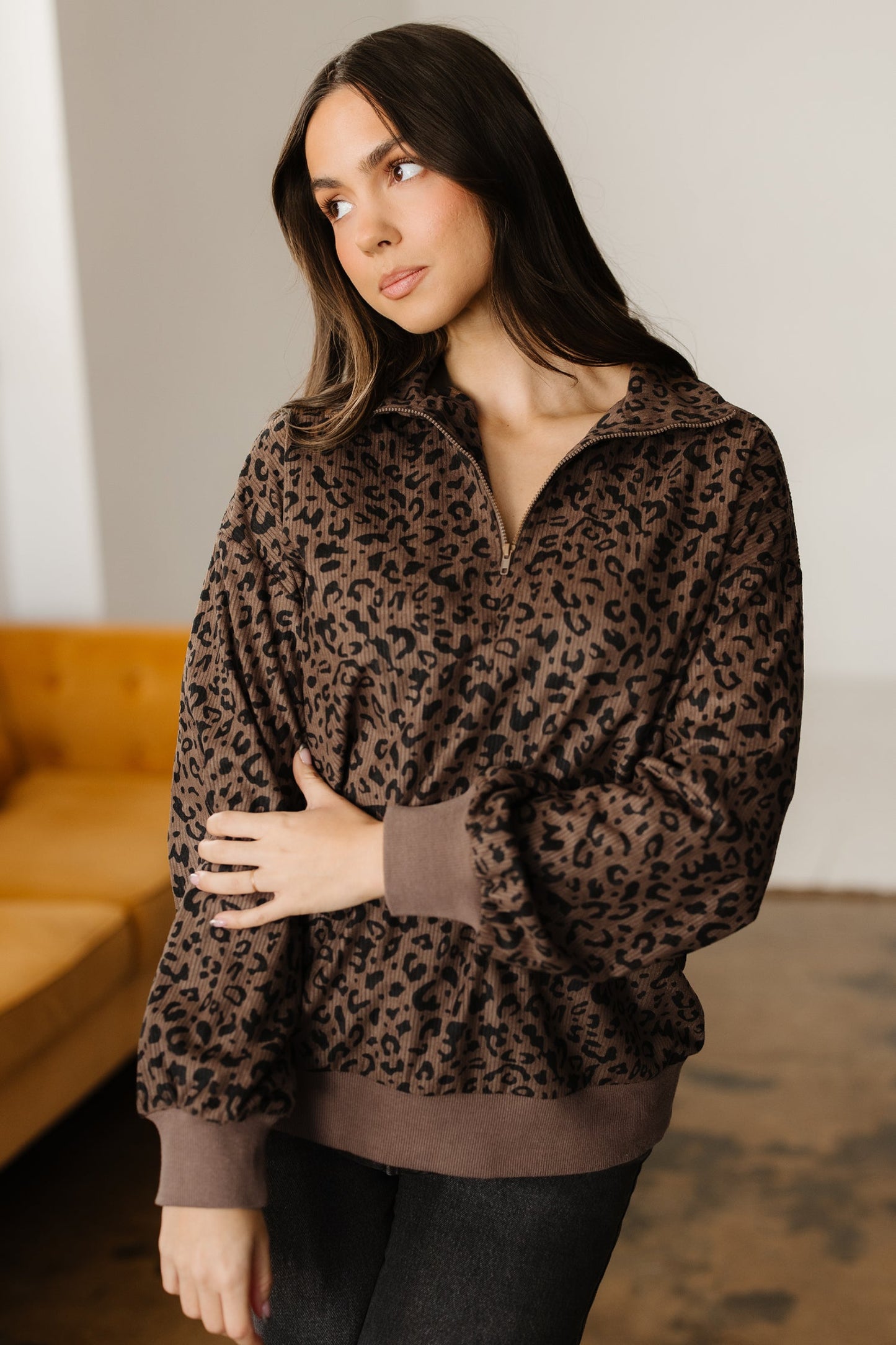 Leopard Corduroy Quarter-Zip Sweatshirt