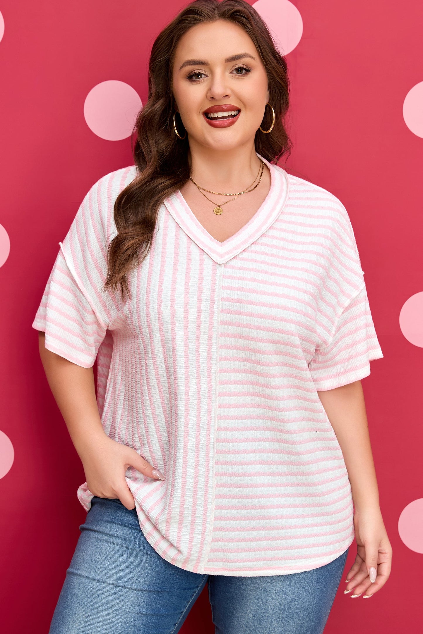 Plus Size Stripe Patchwork V-Neck T-Shirt