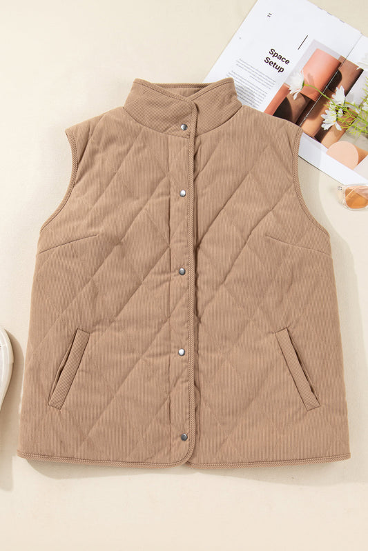Plus Size Quilted Corduroy Snap Button Vest Jacket