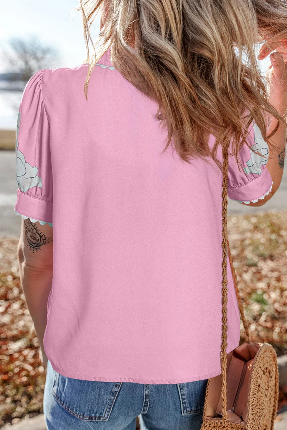 Floral Ric-Rac Edge Puff Sleeve Button-Up Shirt
