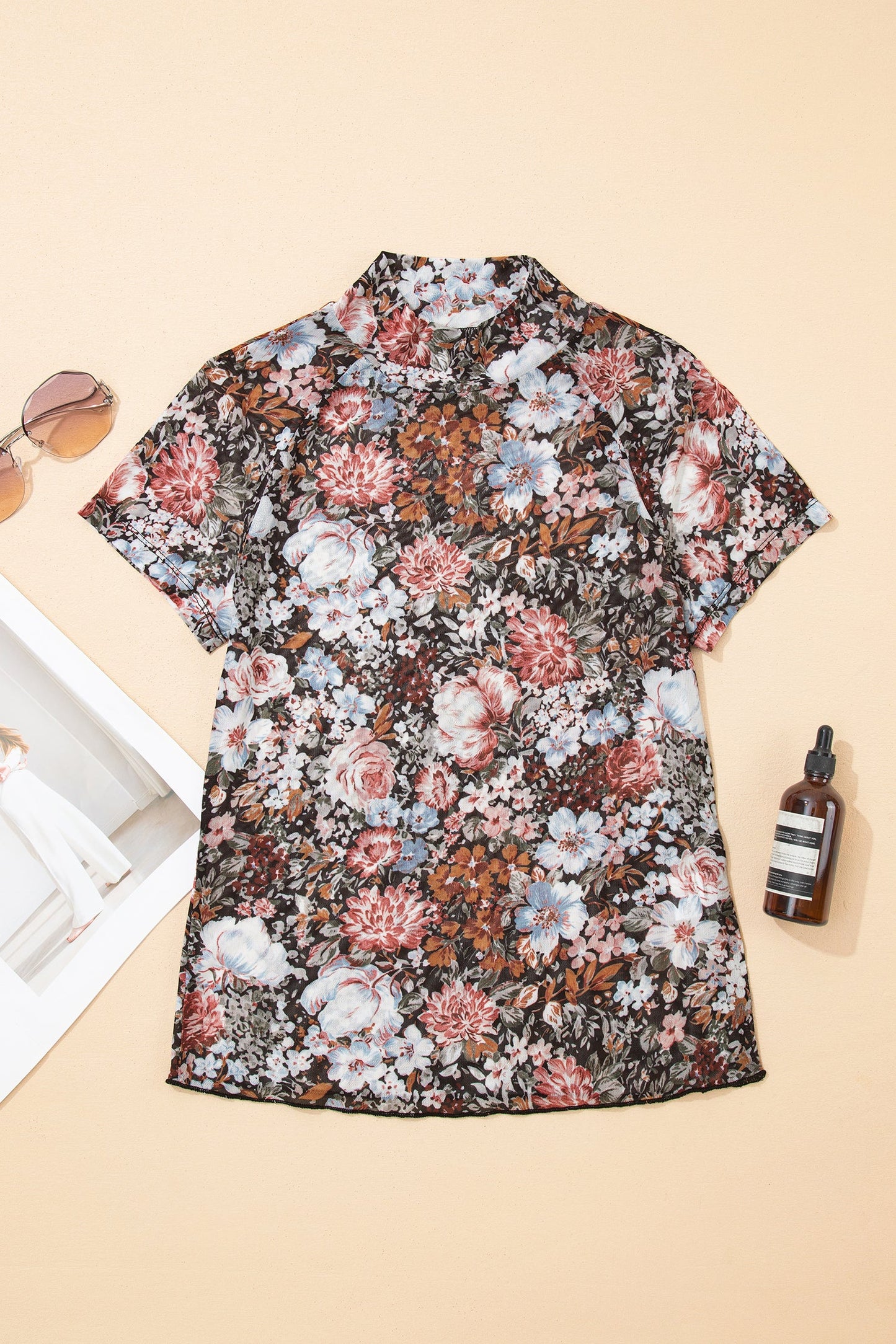 Floral Mesh Mock Neck Short Sleeve Top