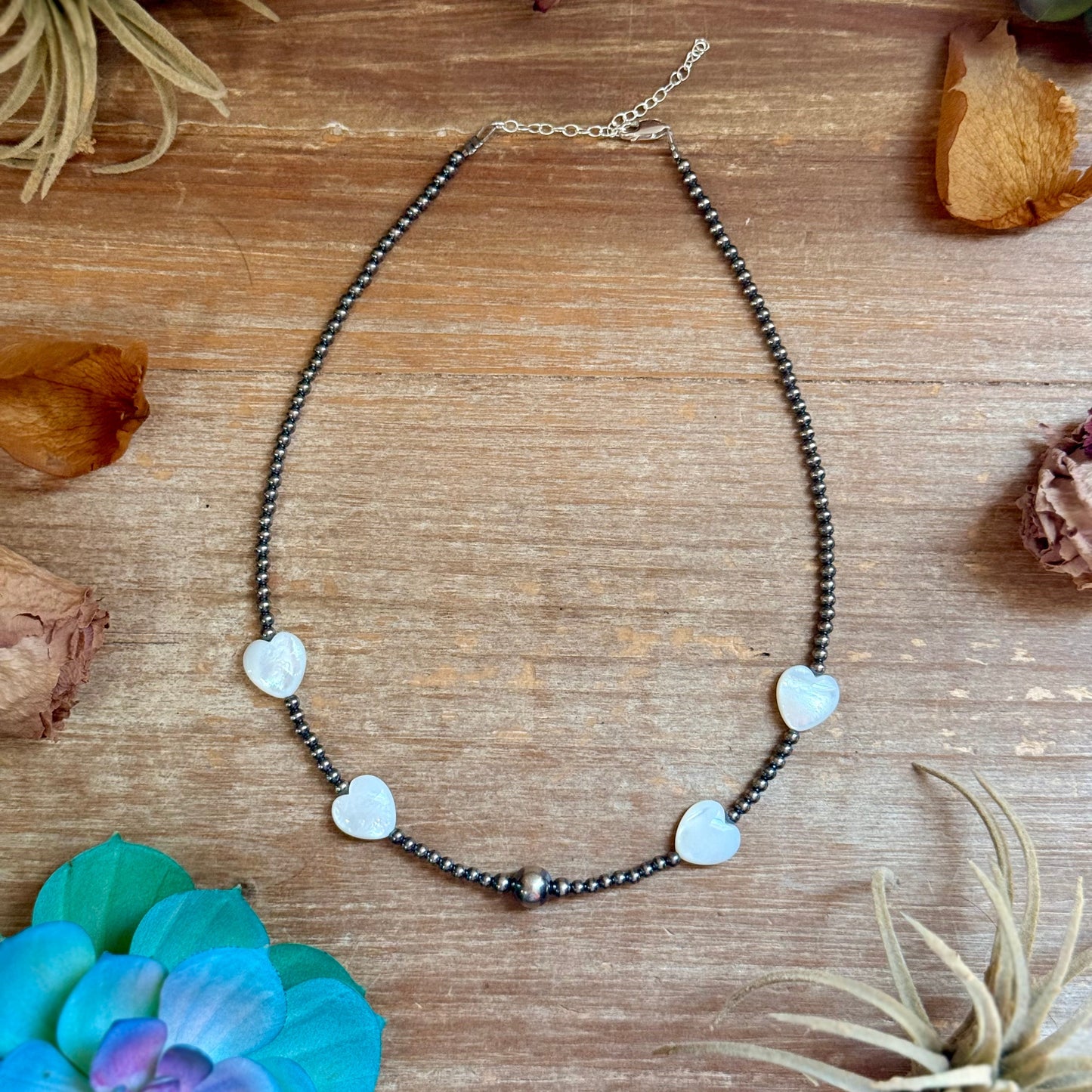 White Shell Heart & Sterling Silver Pearl Necklace - 15 inch