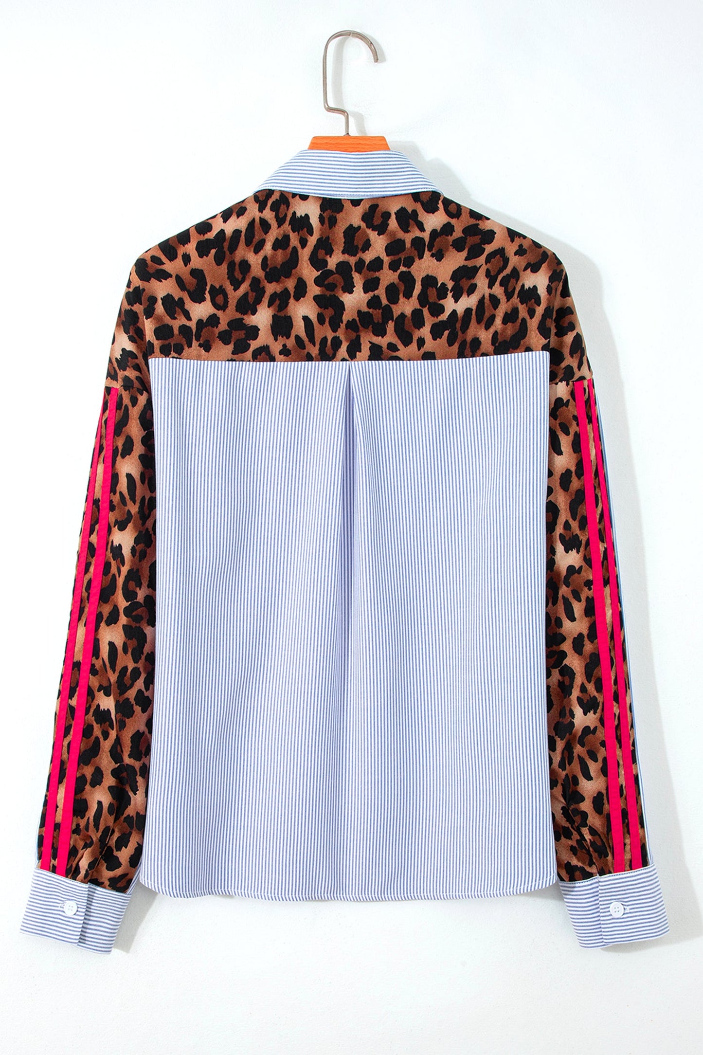 Varsity Stripe Leopard Patchwork Button Down Shirt