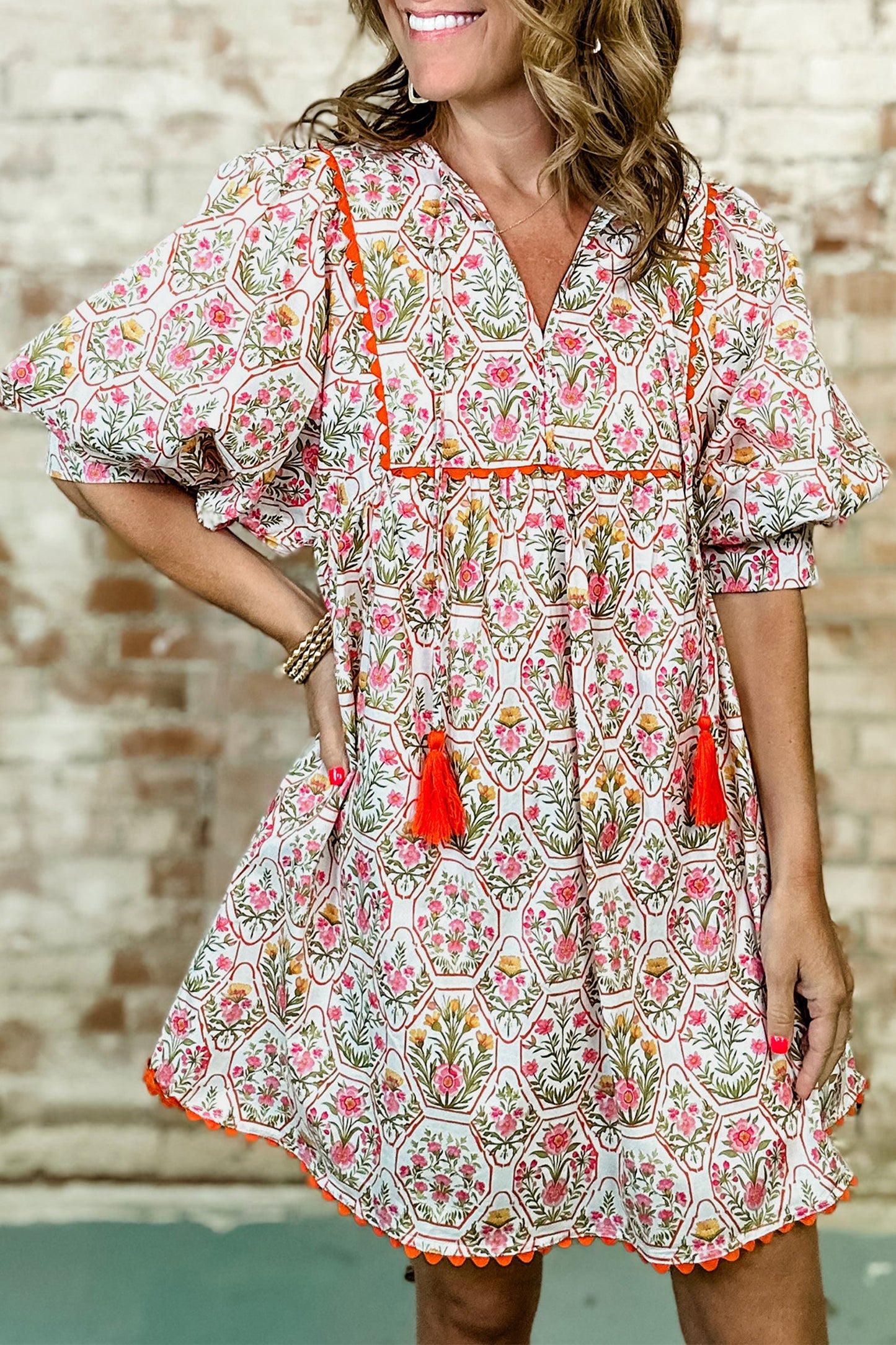 Floral Tassel Tie V-Neck Scallop Loose Mini Dress