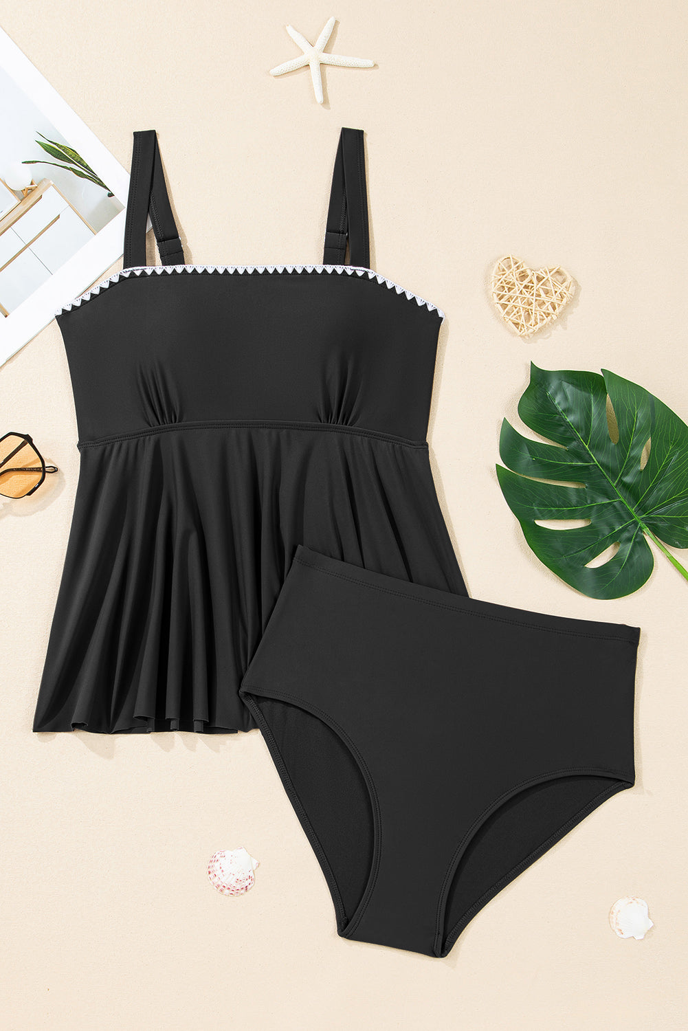 Solid Ricrac Trim Flared Tankini Top Set