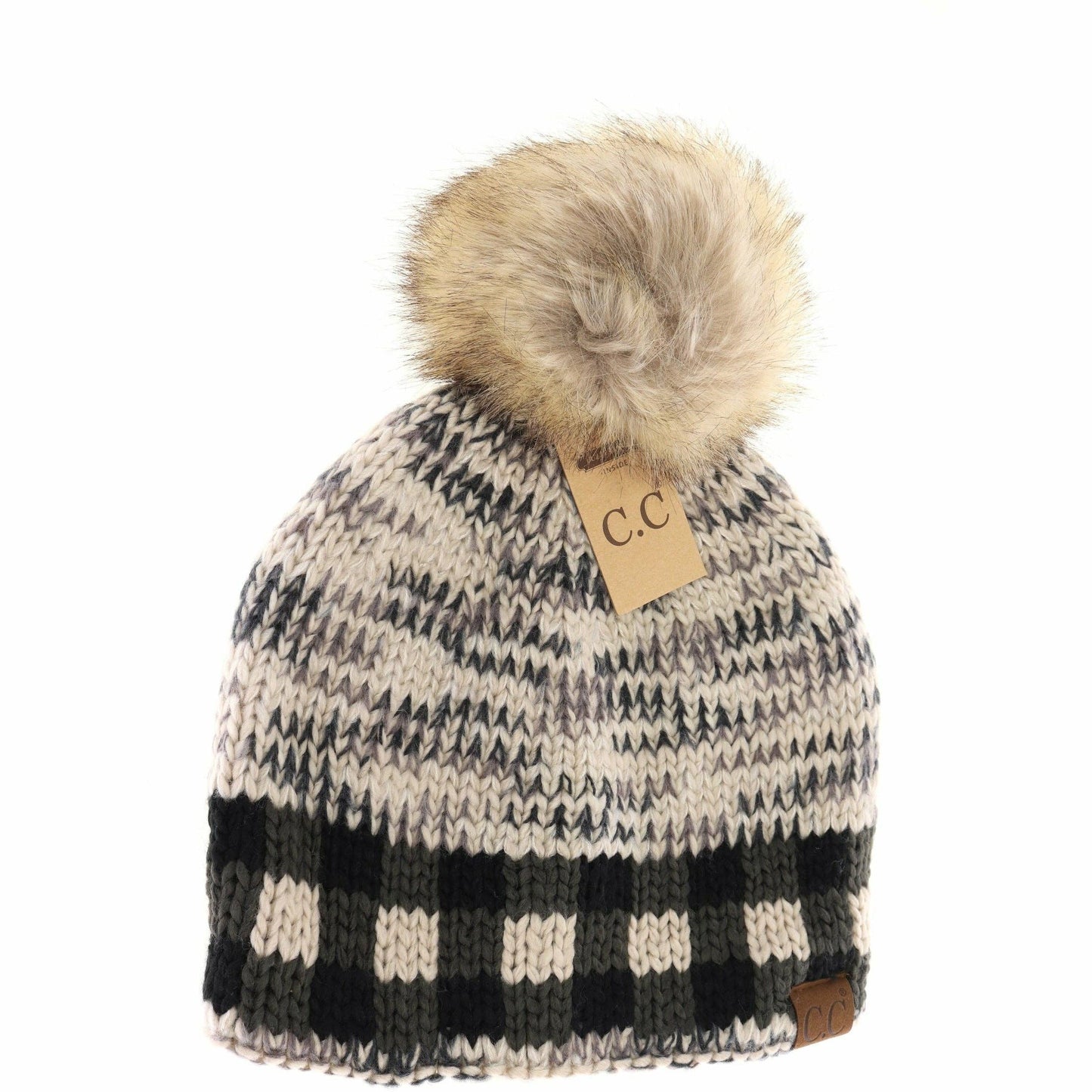 Buffalo Check Mixed Print Fur Pom C.C Beanie HAT2083