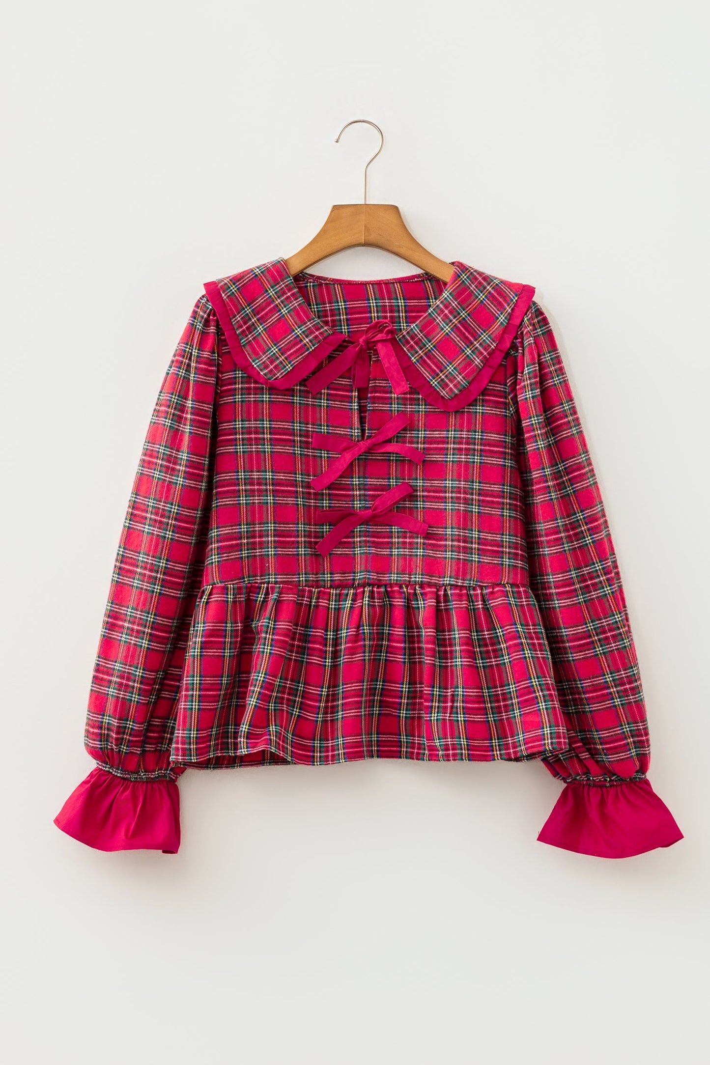 Plaid Collared Bow Tie Ruffle Long Sleeve Blouse