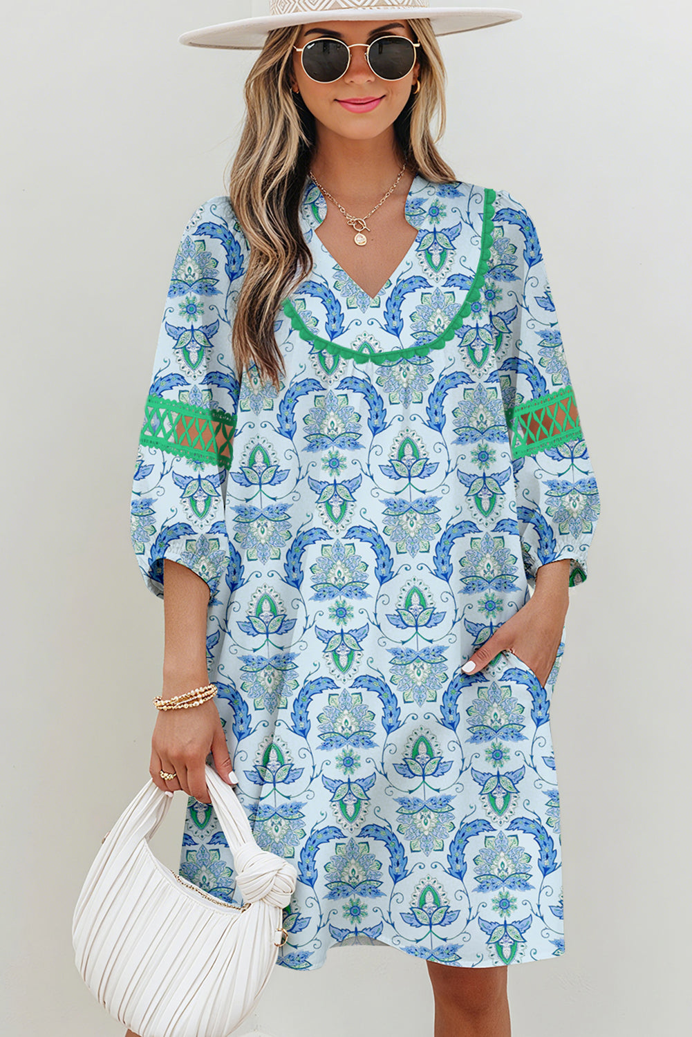 Paisley Patchwork Contrast Bracelet Sleeve Mini Dress