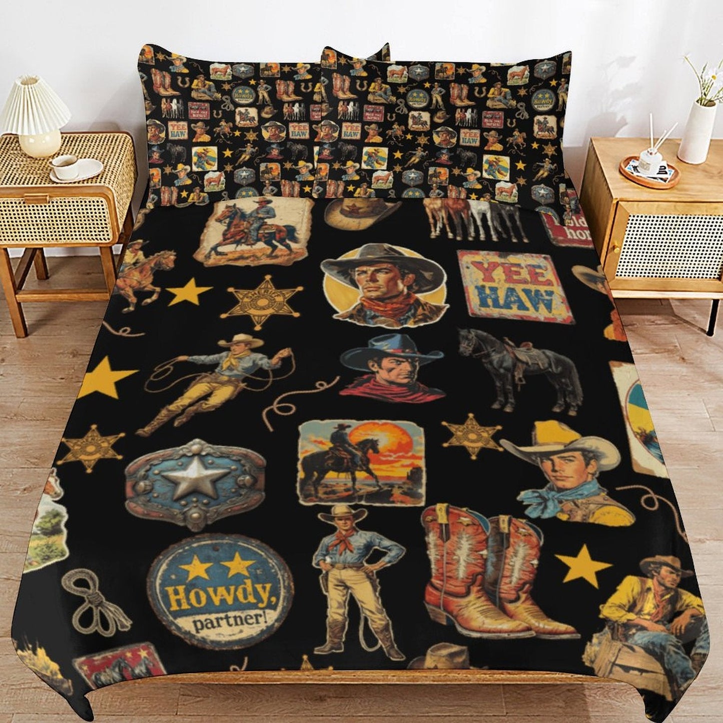 Vintage Cowboy Collage Design 3-Piece Bedding Set (1 Duvet Cover + 2 Pillow Shams) – 102"×90"