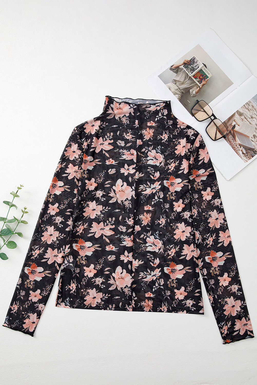 Floral Mesh Mock Neck Top