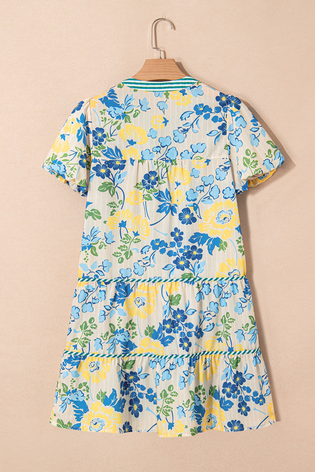 Floral Stripe Trim Puff Short Sleeve Dress