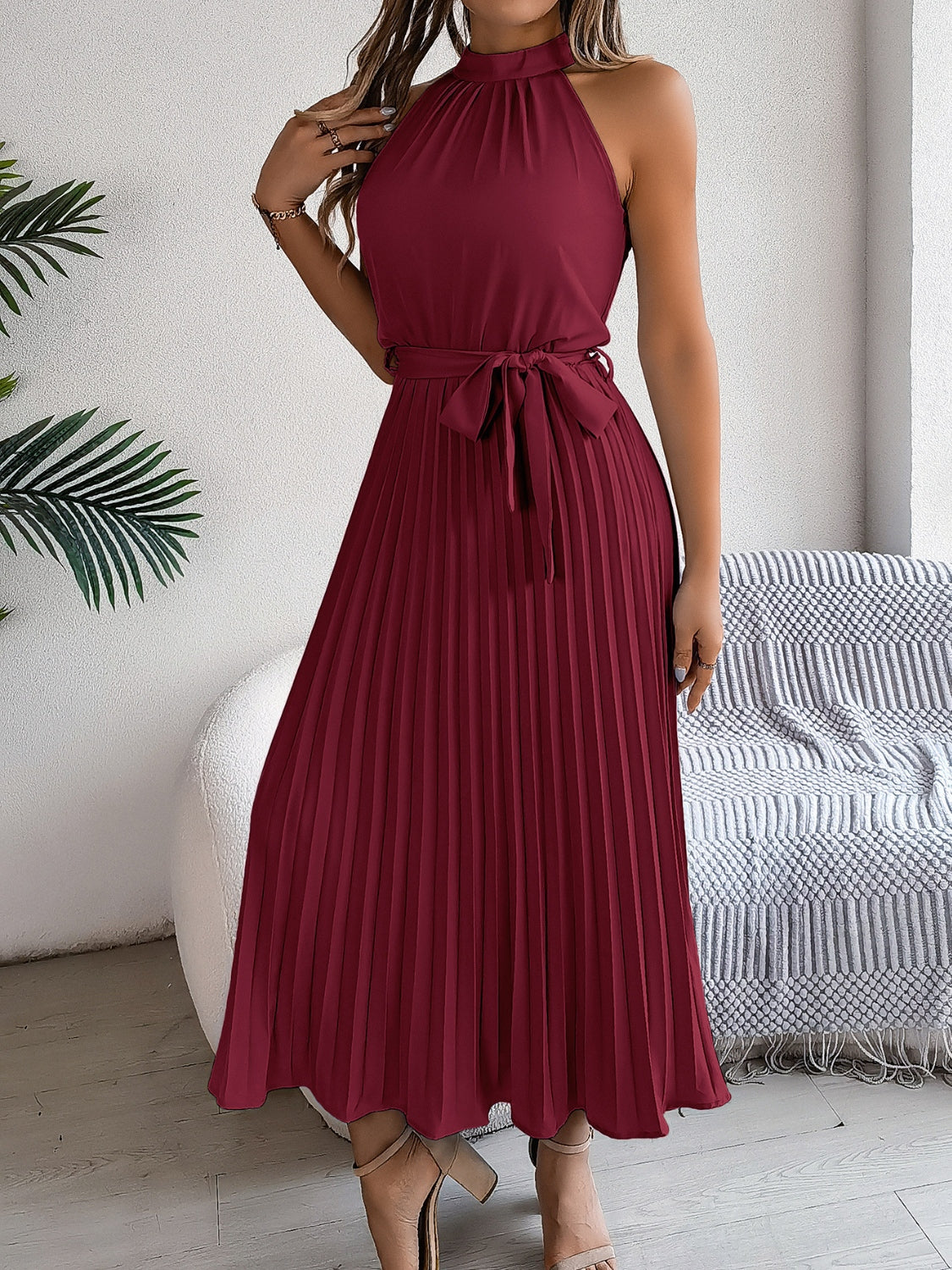 Pleated Tie Waist Sleeveless Midi Dress