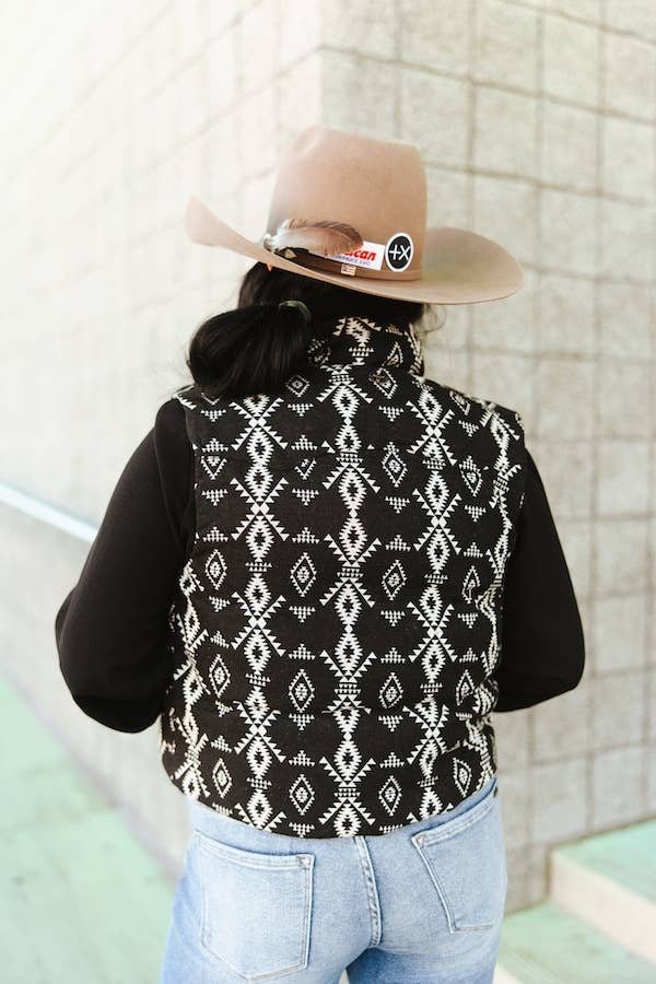 Plus Size Black Aztec Woven Zip-Up Sleeveless Puffer Vest
