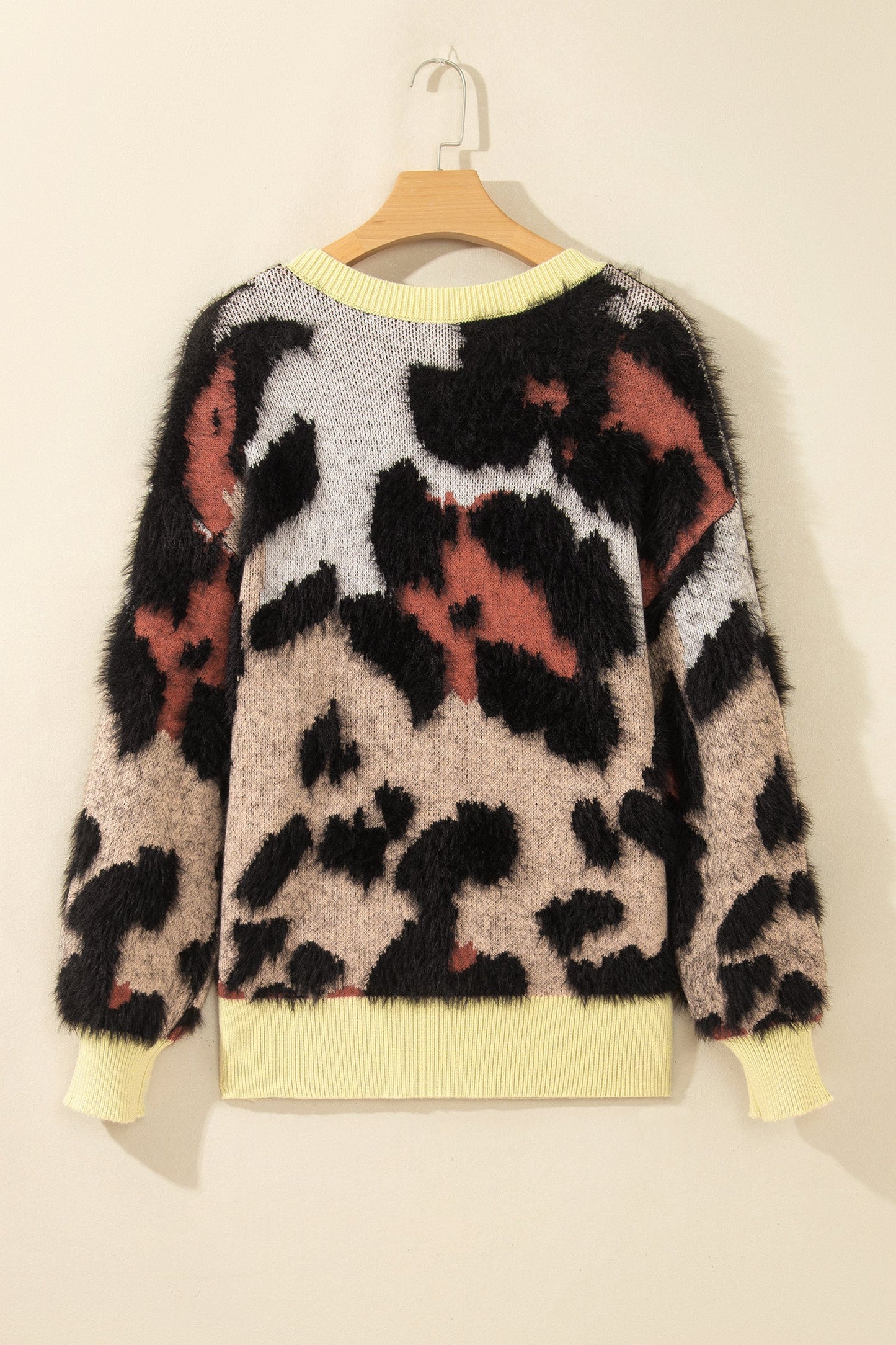 Leopard Colorblock Trim Drop Shoulder Fuzzy Sweater