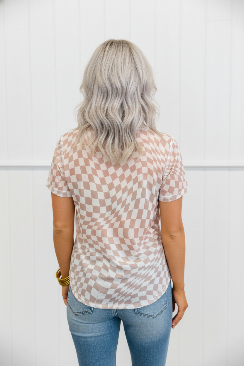 Checker Mesh Mock Neck Short Sleeve T-Shirt