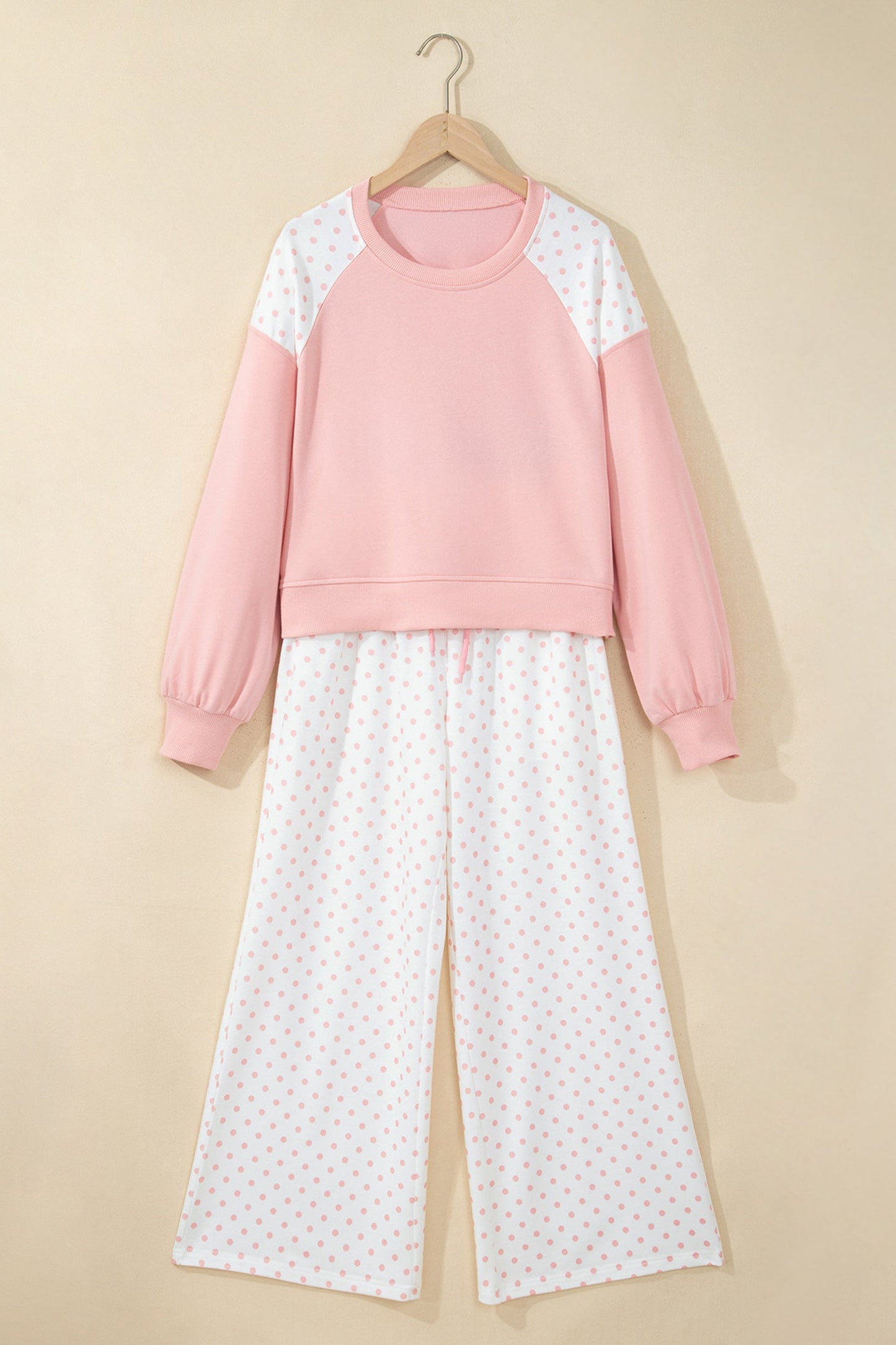 Polka Dot Patchwork Crop Sweatshirt & Pants Set