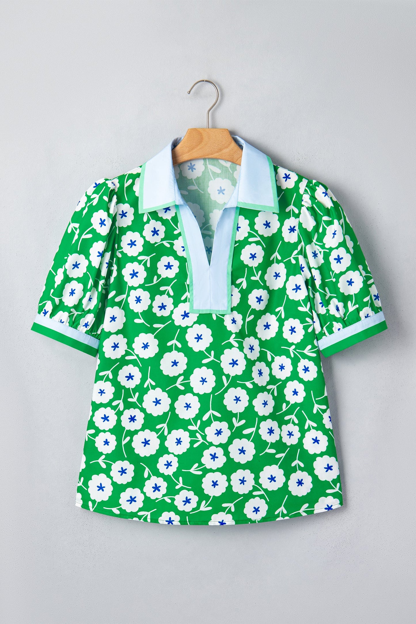Flower Contrast Patchwork Collar Short Sleeve Blouse