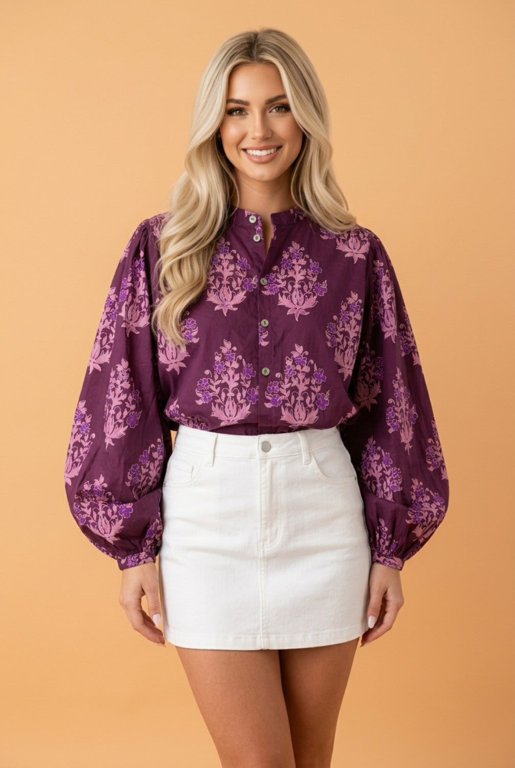 Floral Button Front Long Puff Sleeve Blouse