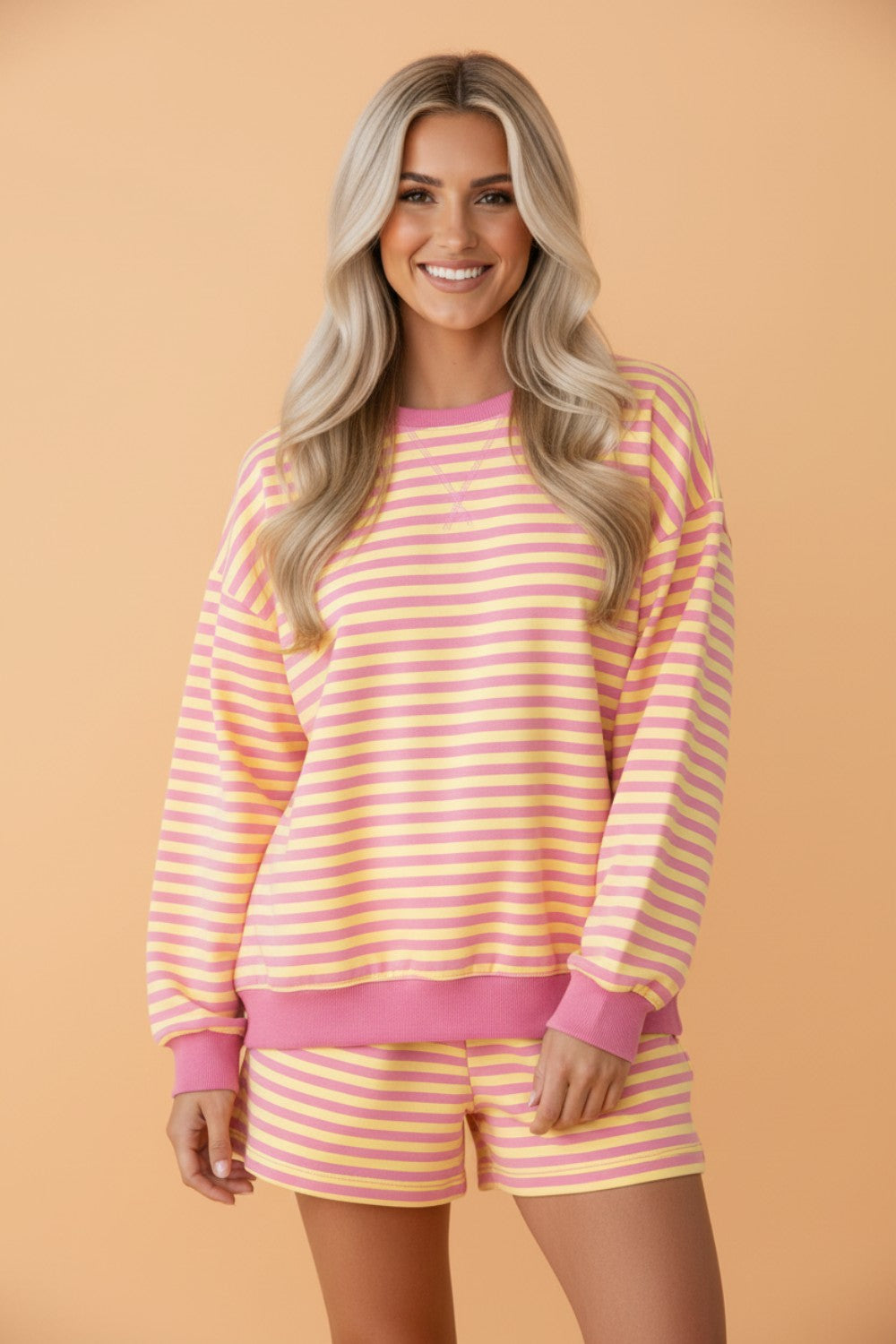 Stripe Colorblock Trim Long Sleeve Top & Shorts Set
