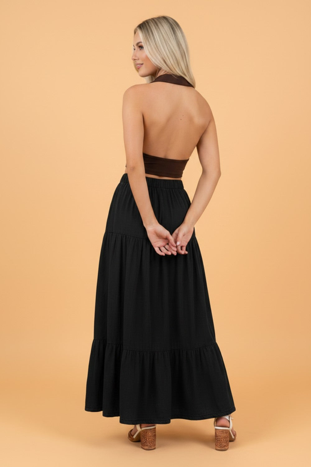 Denim Ruffle Tiered Flared Maxi Skirt