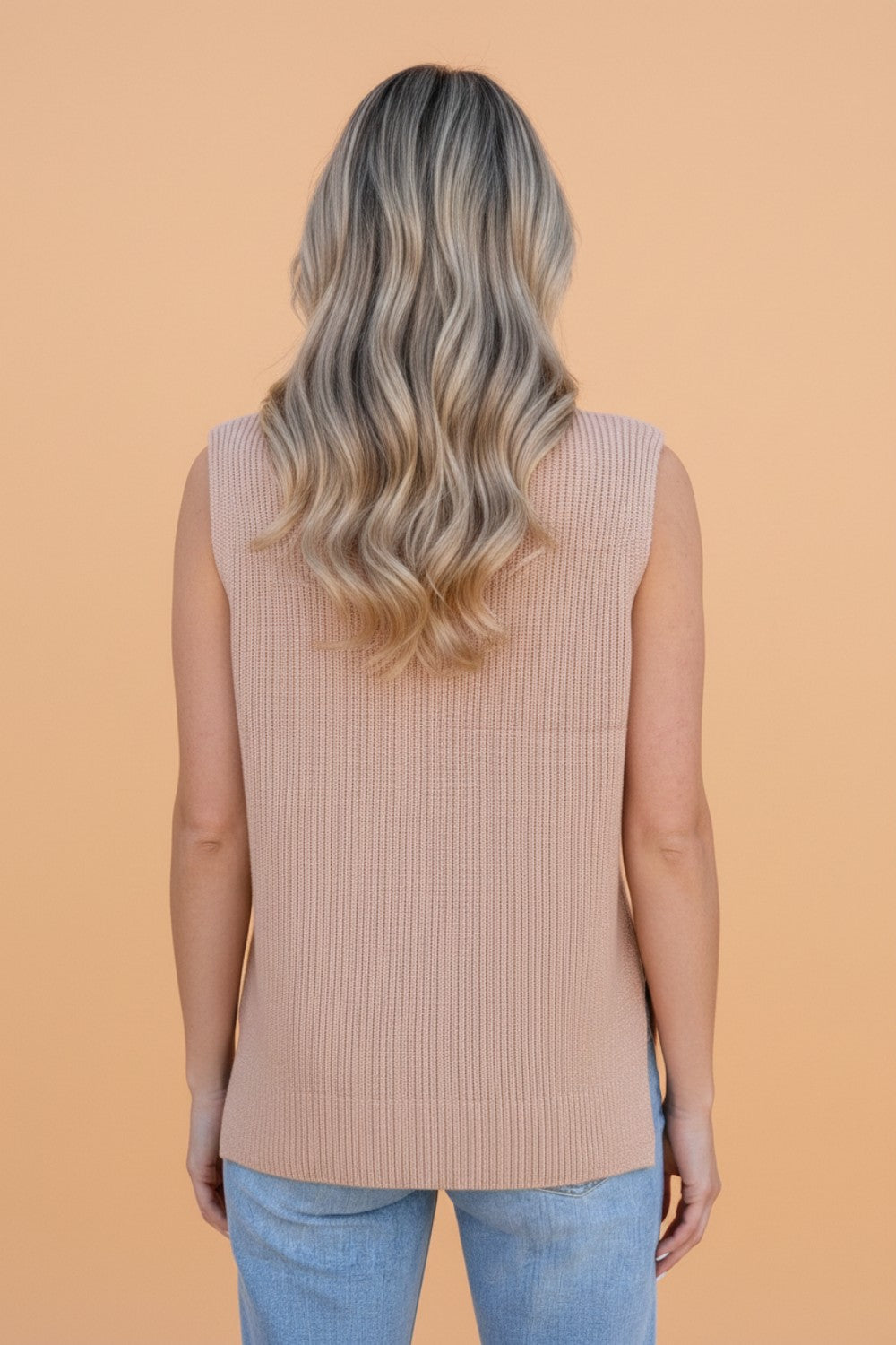Solid Turtleneck Split Hem Sleeveless Knit Top