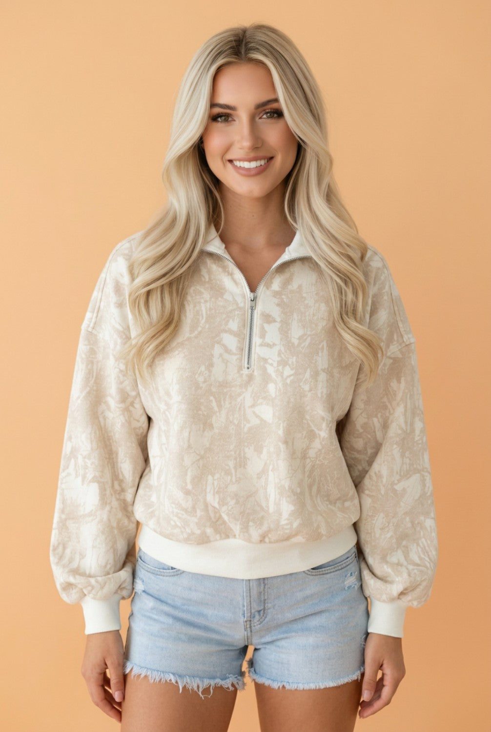 Camo Quarter-Zip Drop Shoulder Long Sleeve Sweatshirt
