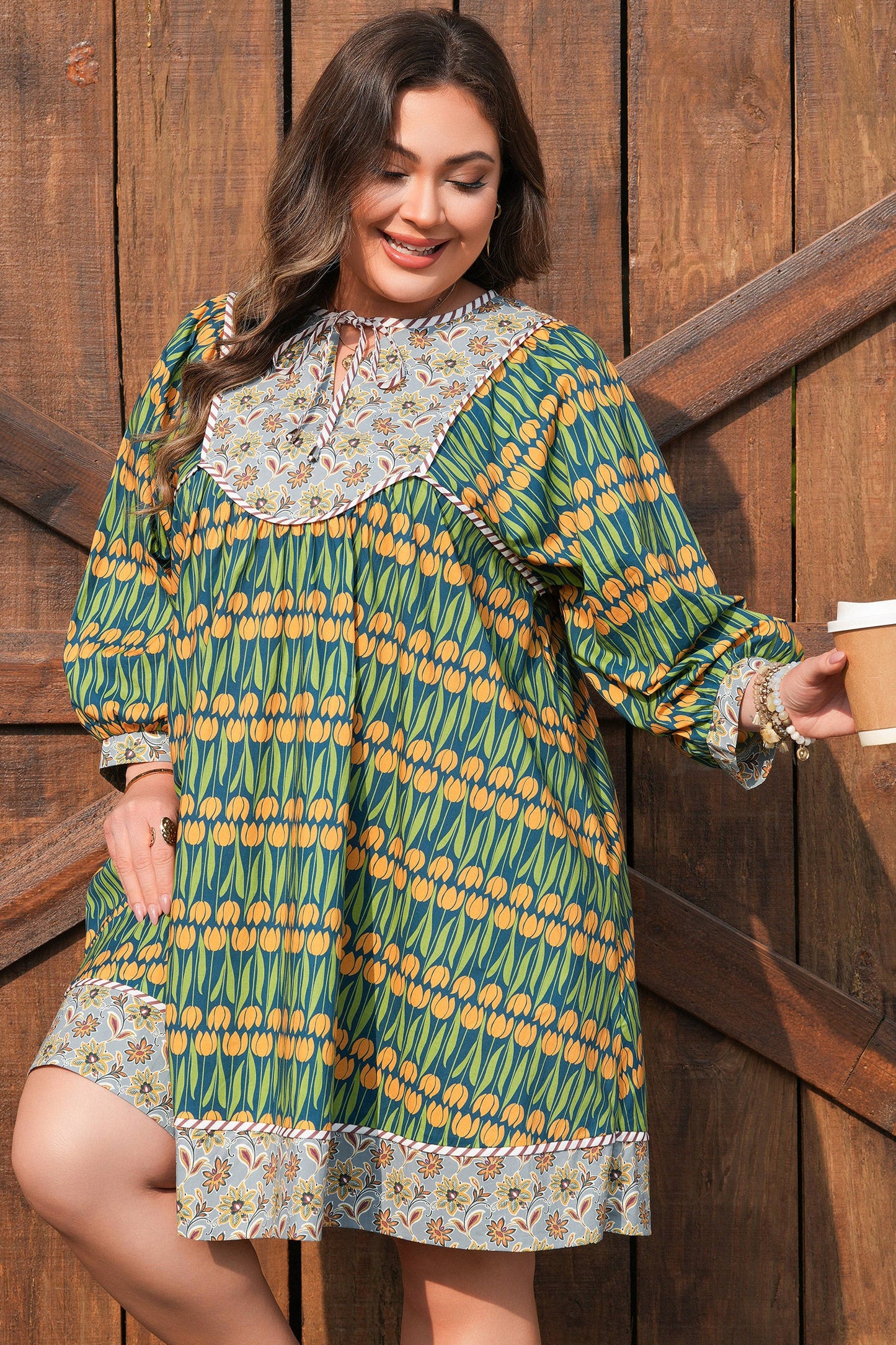 Plus Size Floral Stripe Trim 3/4 Sleeve Mini Dress