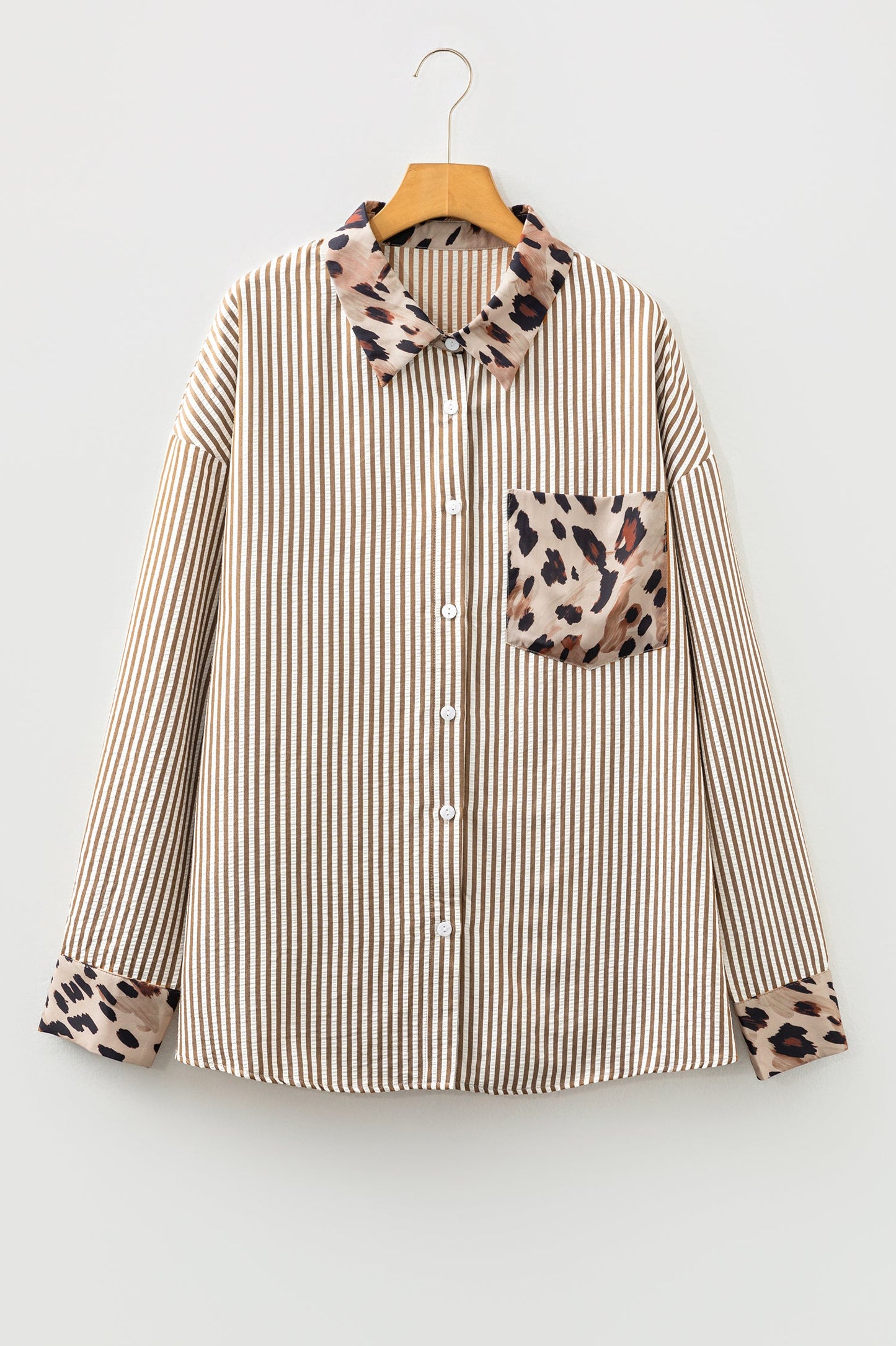 Plus Size Stripe Leopard Chest Pocket Collared Shirt