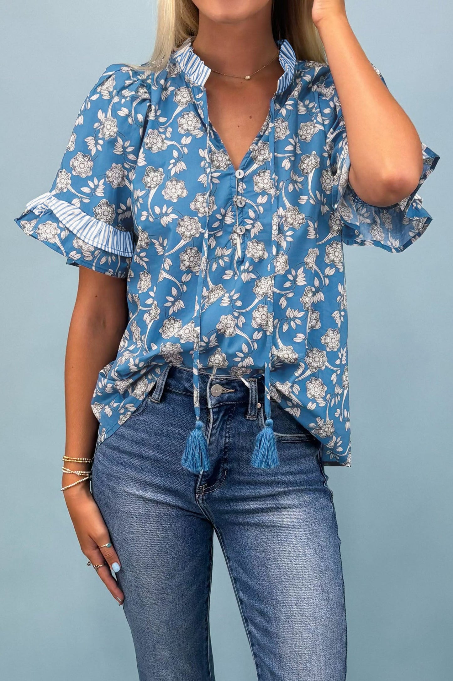 Floral Button Tie-Neck Stripe Short Sleeve Blouse