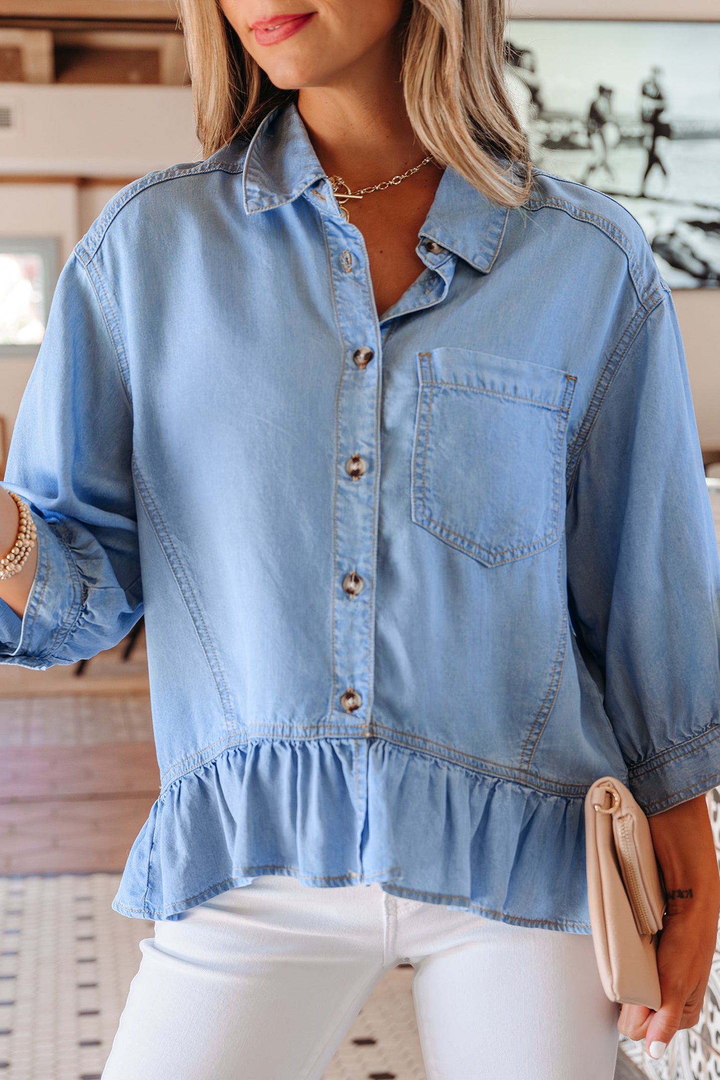 Denim Chambray Ruffle 3/4 Sleeve Buttoned Shirt