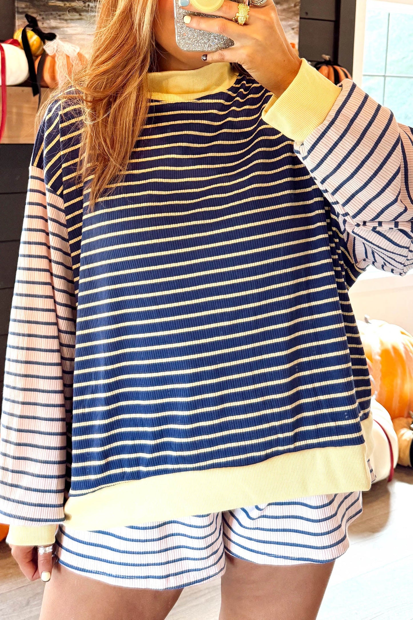 Stripe Long Sleeve Mock Neck Ribbed Knit Top & Shorts Set