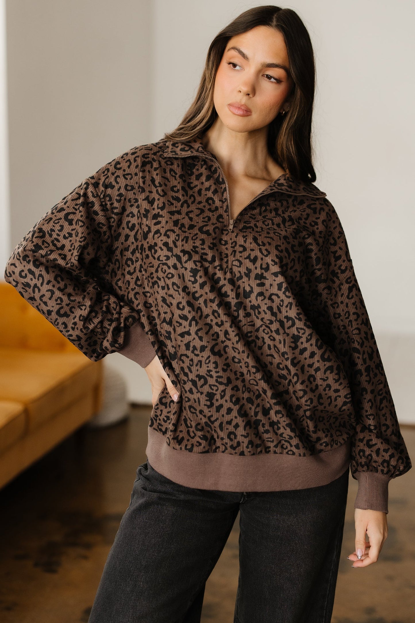 Leopard Corduroy Quarter-Zip Sweatshirt