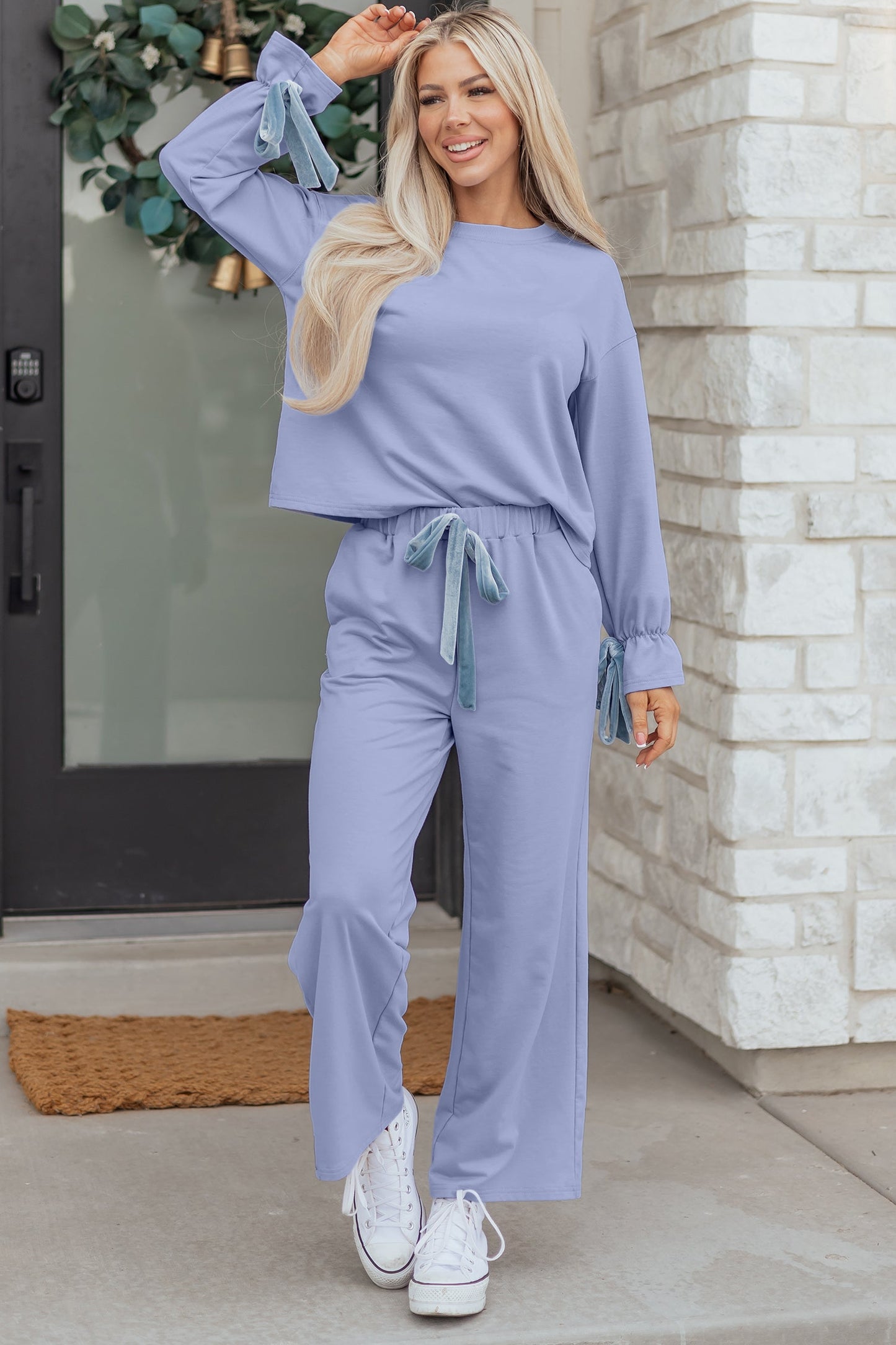 Flounce Long Sleeve Top and Drawstring Pants Set