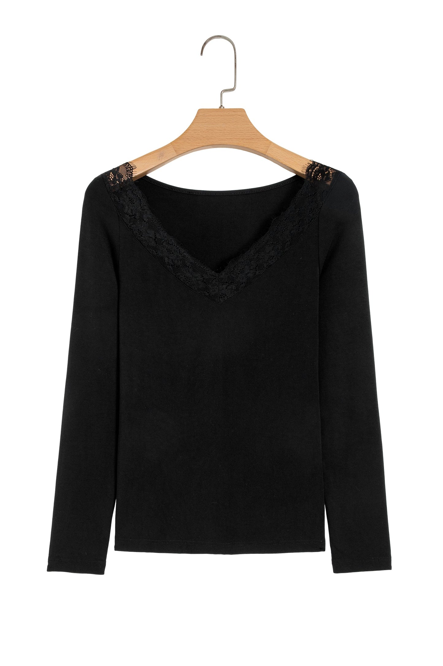 Solid Lace Trim V-Neck Long Sleeve Top
