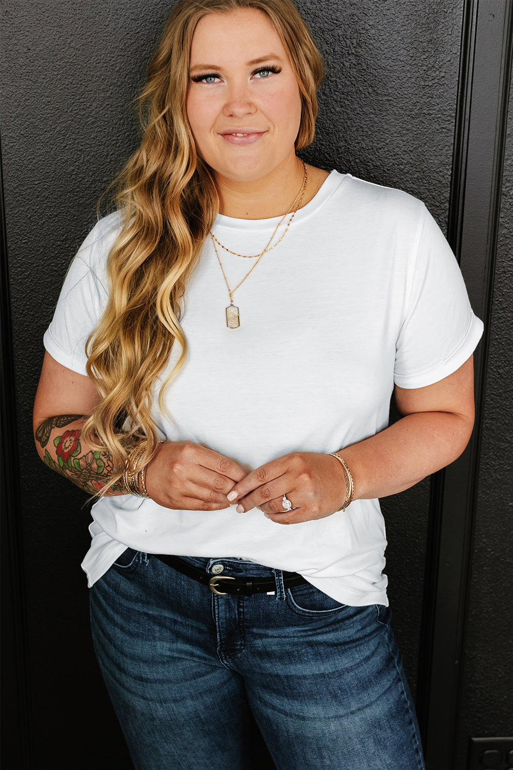 Plus Size Solid Rolled Short Sleeve T-Shirt