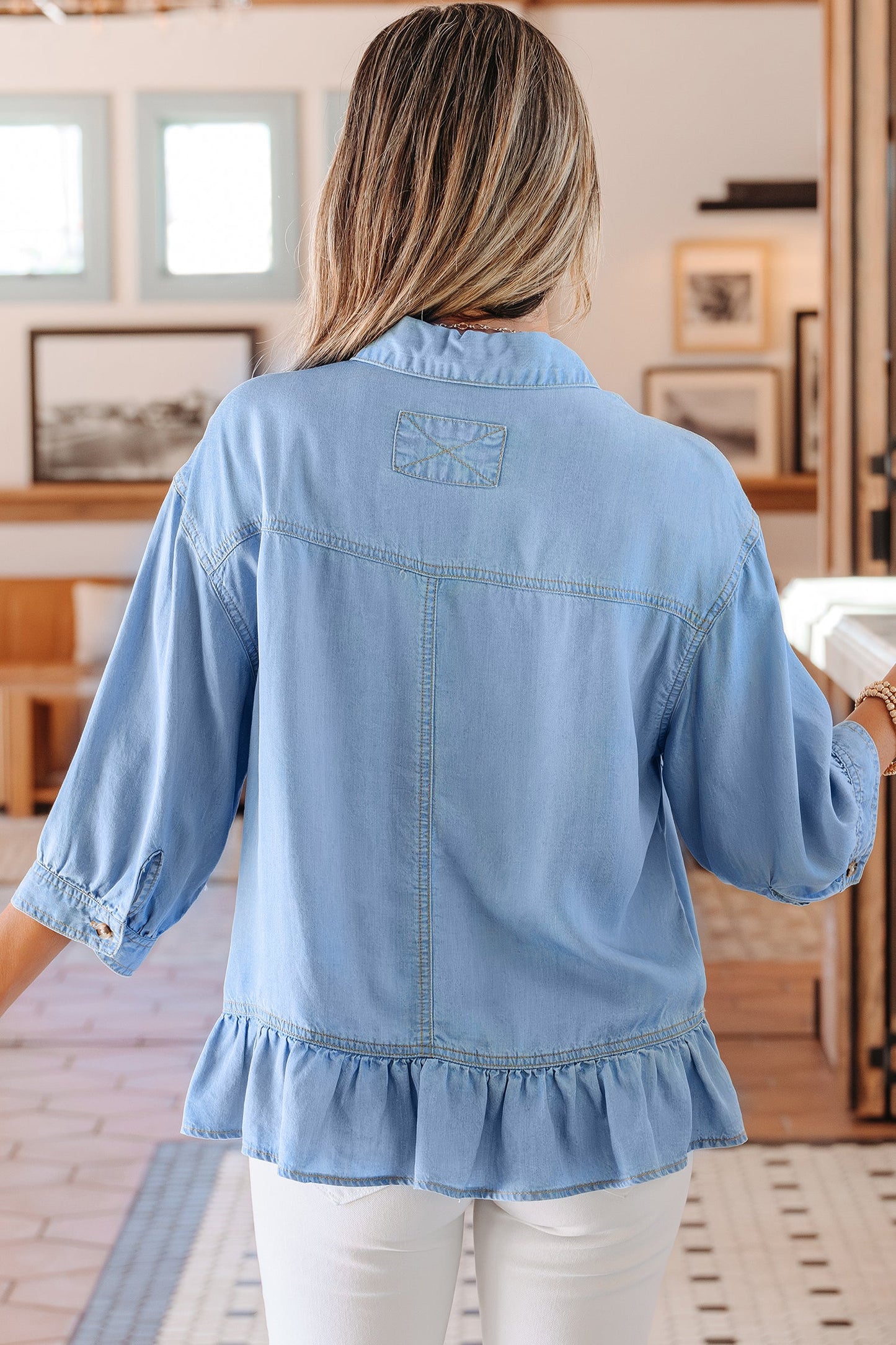Denim Chambray Ruffle 3/4 Sleeve Buttoned Shirt