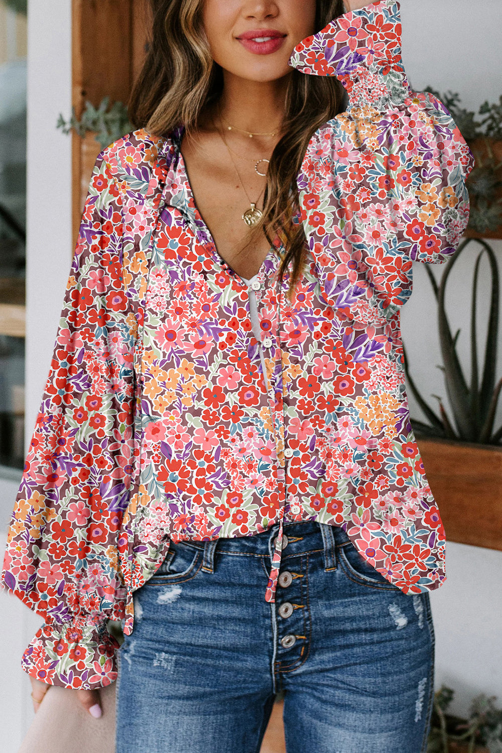 Floral Smocked Puff Sleeve Boho Peplum Blouse