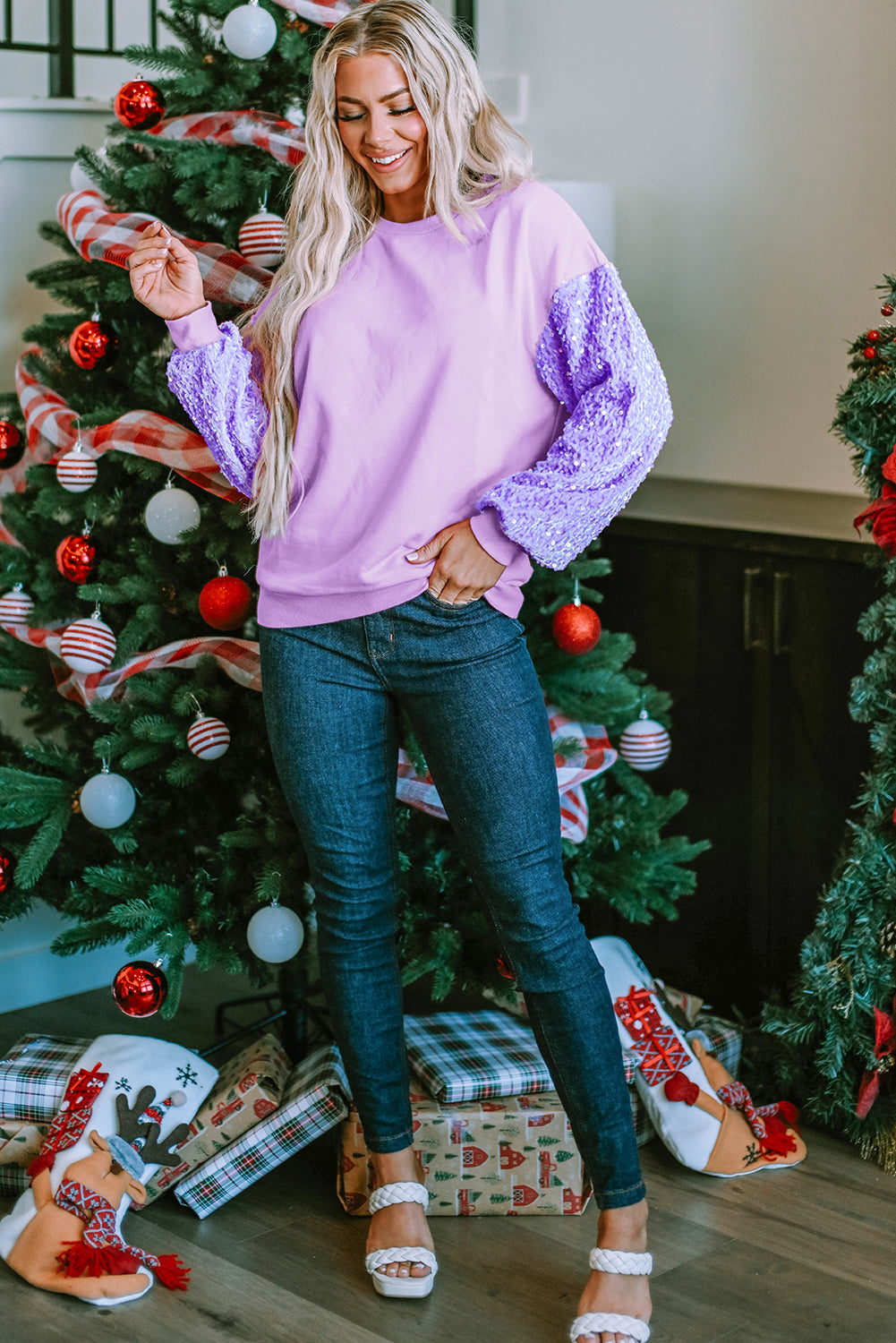 Solid Sequin Patchwork Long Sleeve Top
