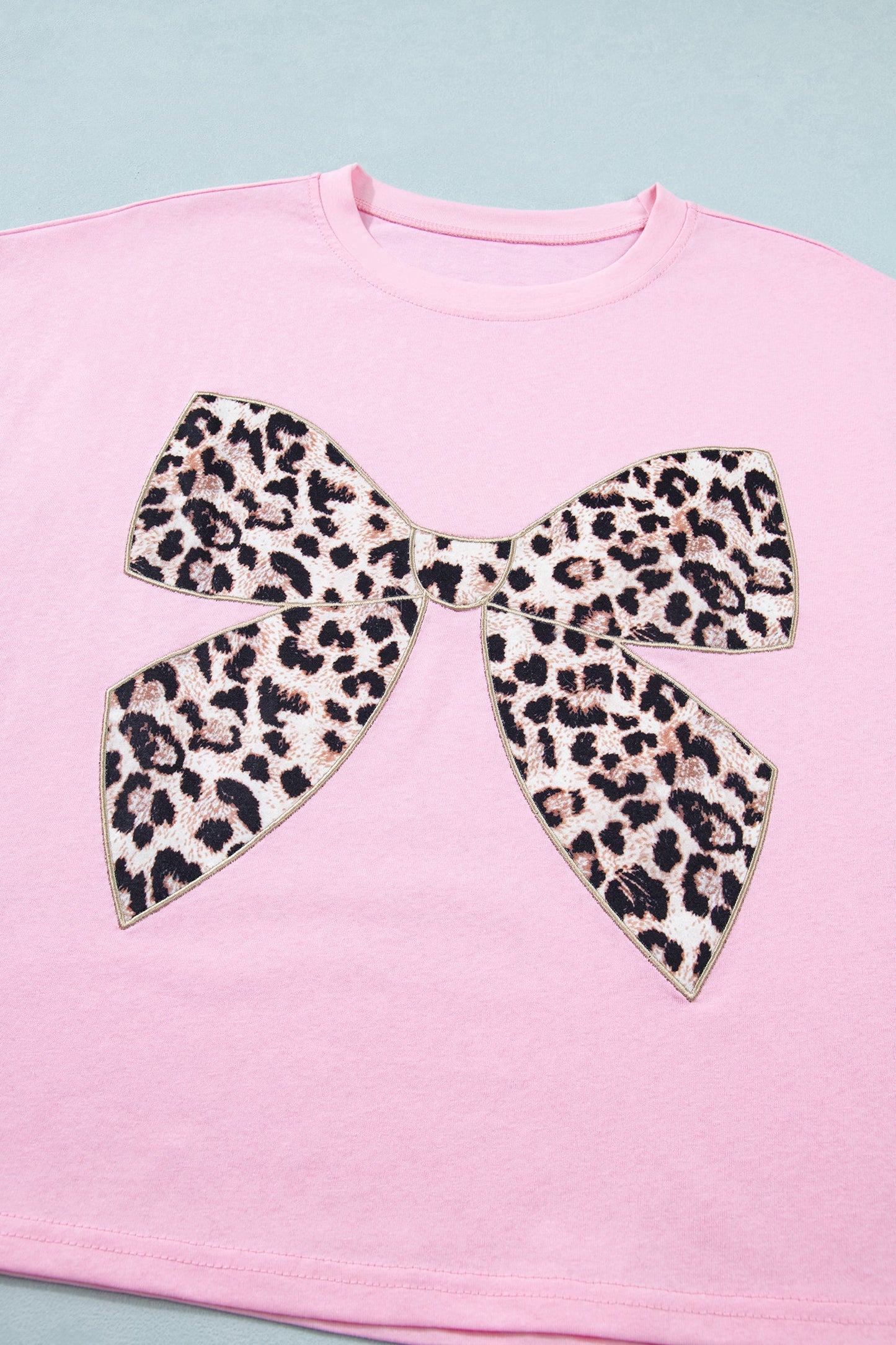 Leopard Bow Embroidered Short Sleeve T-Shirt